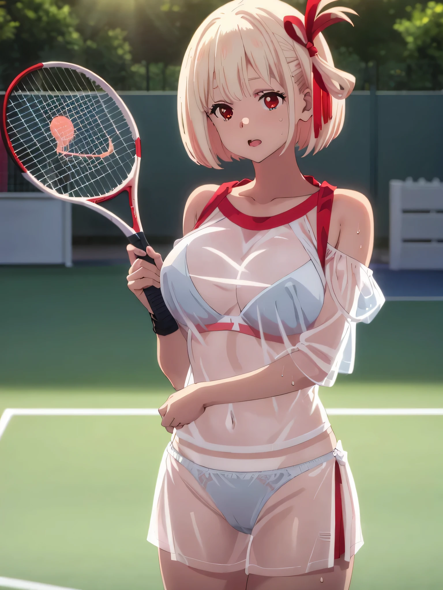 best image quality、high quality、girl,,tennis wear、holding a tennis racket、on the tennis coat、sweaty、transparent clothes、I can see through my clothes、underwear is transparent、tits、good、panties、valley、The sun is shining、shining sun、off shoulder ,glare of the sun, Illuminated、Bokeh, written boundary depth, blurred background, Senzoku Nishikigi、Blonde short bob、red eyes、red ribbon