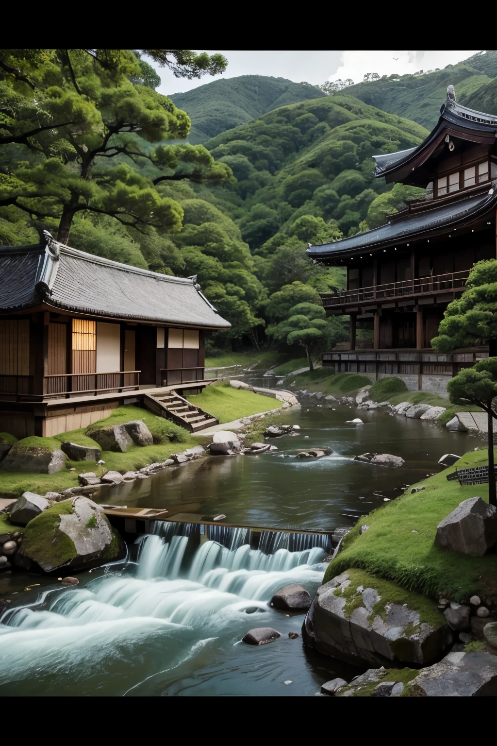 medieval japanese fantasy village with forest and river