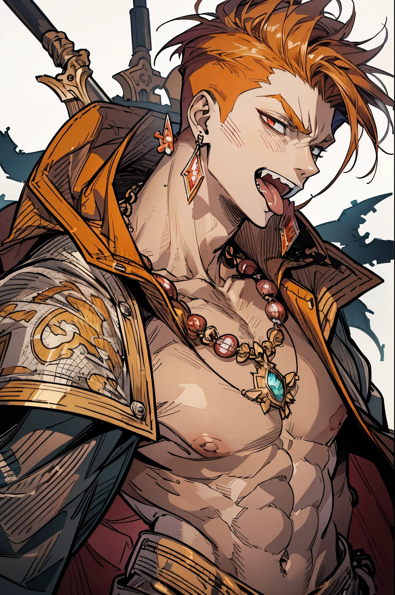 (Anime-style), (2D-illustration), 1boy, solo, looking at viewer, cowboy shot, male focus, male, highly detailed, vibrant colors, composite lighting, professional shading, (white background:1.5), (blank background:1.5), masculine shapes, sharp and crisp image, high quality textures, perfectly structured, natural proportions, grin, open mouth, (((tongue out))), fangs, rugged face, red eyes, intense, sanpaku-eyes, soulful, wide-set, almond-eyes, dark red hair, (Shaved sides), mohawk, (nape undercut), spiked hair, pointy ears, Chiseled abs, (fur trim), gold scale, tall, ((white cape)), necklace, earrings, Fringe, jewelry ornament, gold Embroidery, toplesiled clothes, detailed face, best quality, bare chest