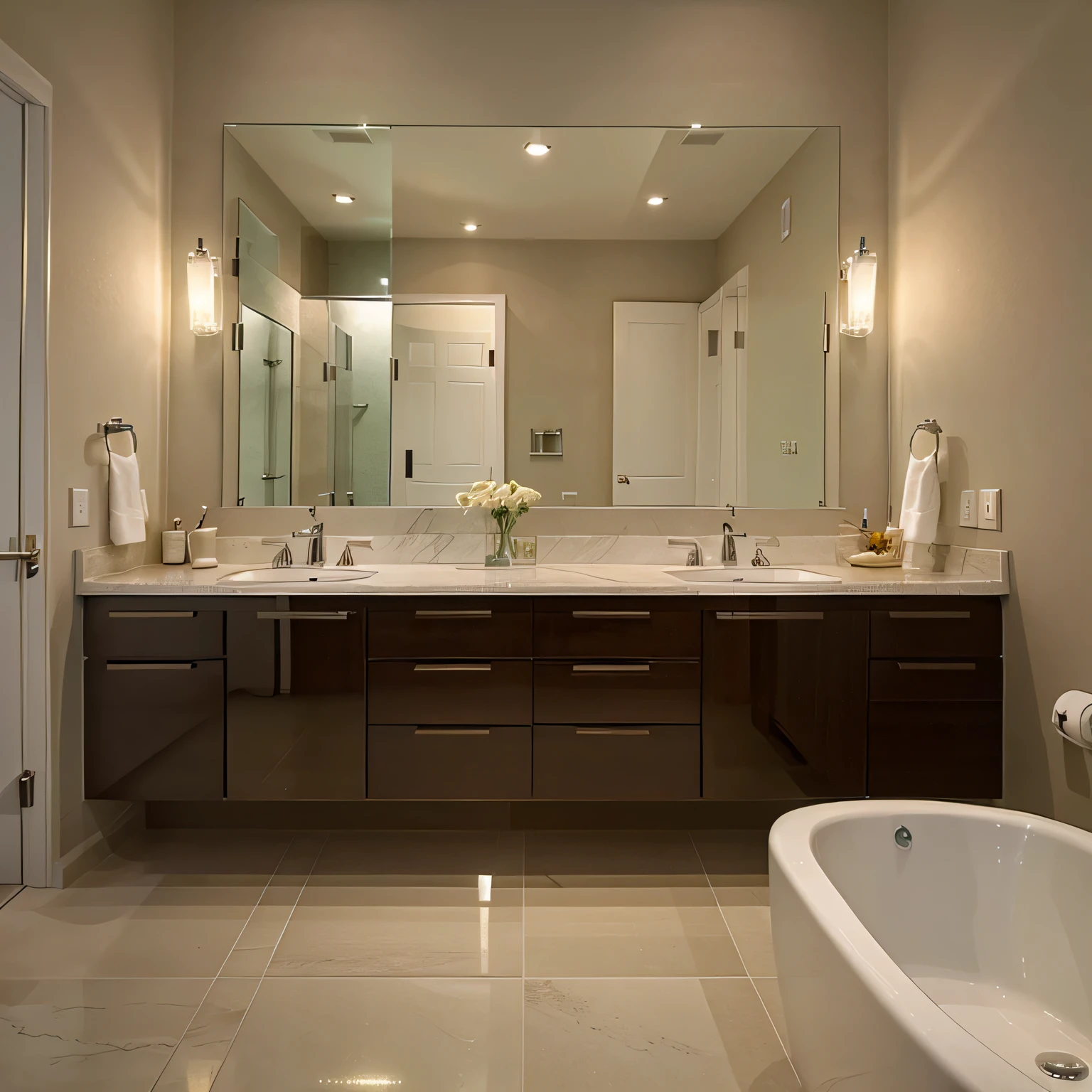 A well-lit and stylish bathroom with a bare mirror on the wall