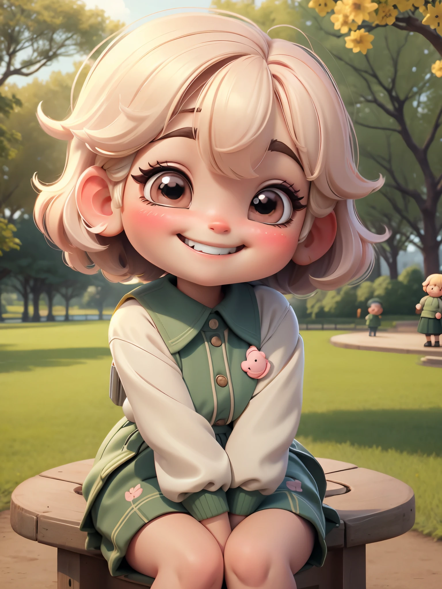 1 girl,((Uniforms)), blush,faint smile, sitting,outdoor,grin, smiley, smiley face，smirk，Smug laughter，grin, toothy smile，short hair，Qi bangs，long eyelashes and rosy cheeks，(((in the park)))，((cute chibi style))，