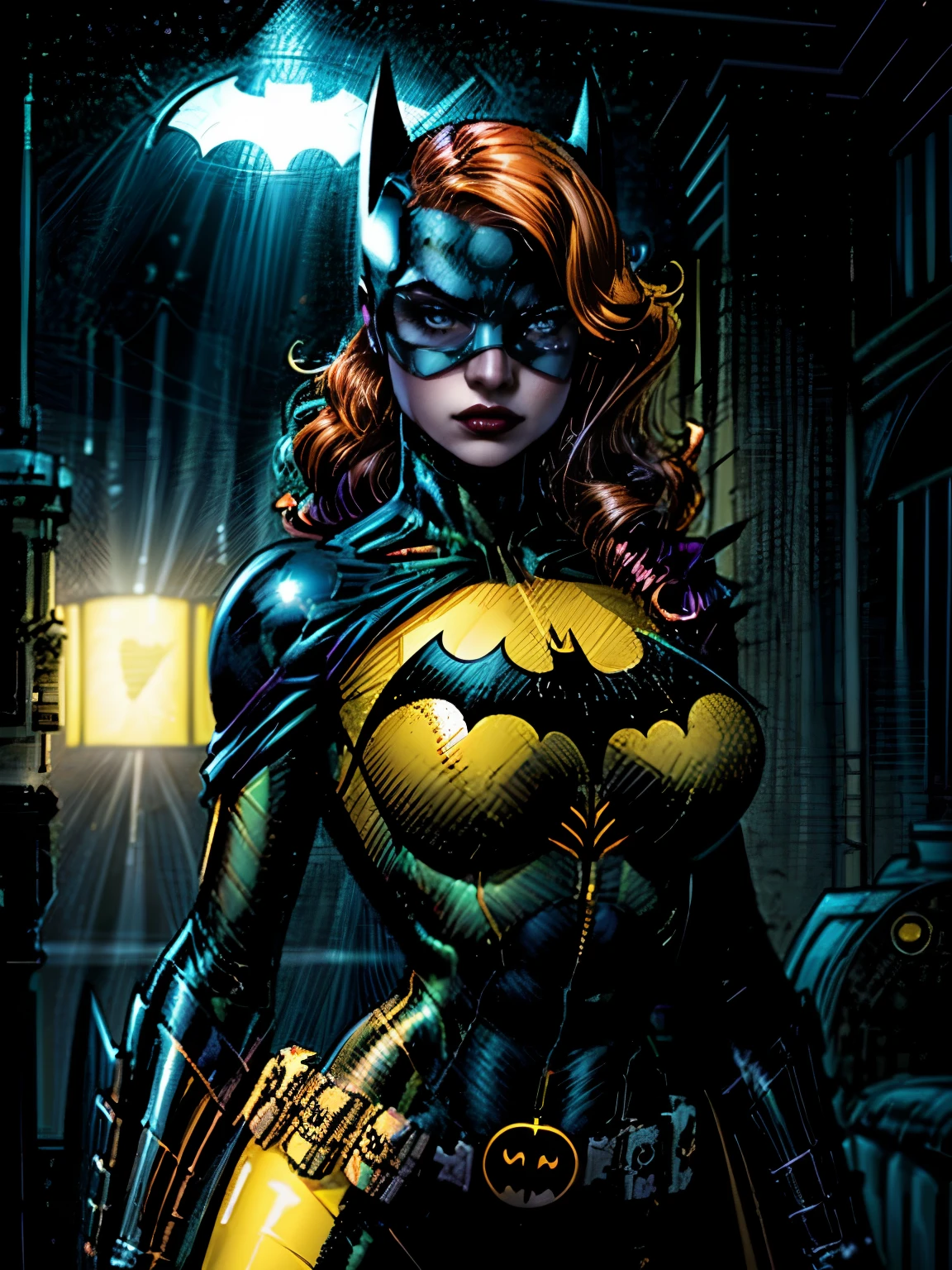 ultra-detailed photography of a nude woman, batgirl, black rubber legless bodysuit with the bat sign on her chest, and with yellow utility belt, yellow gloves, yellow high boots, and a dark yellow cape, sexy expression, sexy pose, masked full_batman_mask, black bat mask, long orange hair under mask, blue eyes, hands infront of body, neon colors, rim lighting, atmospheric lighting, woman is well lit, sexy, beautiful woman, cinematic lighting, dark simplistic abstract luxery mansion background, night time
