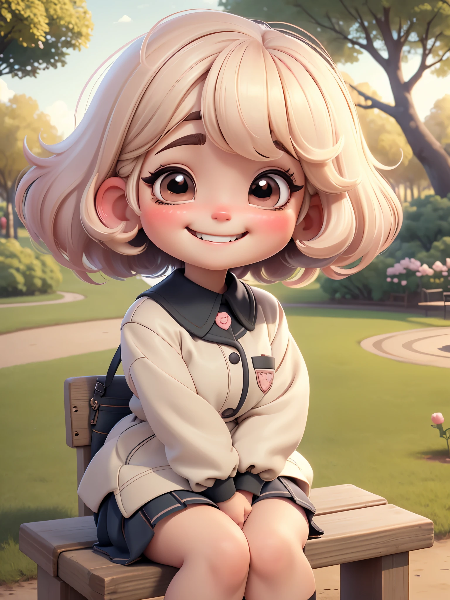 1 girl,((Uniforms)), blush,faint smile, sitting,outdoor,grin, smiley, smiley face，smirk，Smug laughter，grin, toothy smile，short hair，Qi bangs，long eyelashes and rosy cheeks，(((in the park)))，((cute chibi style))，