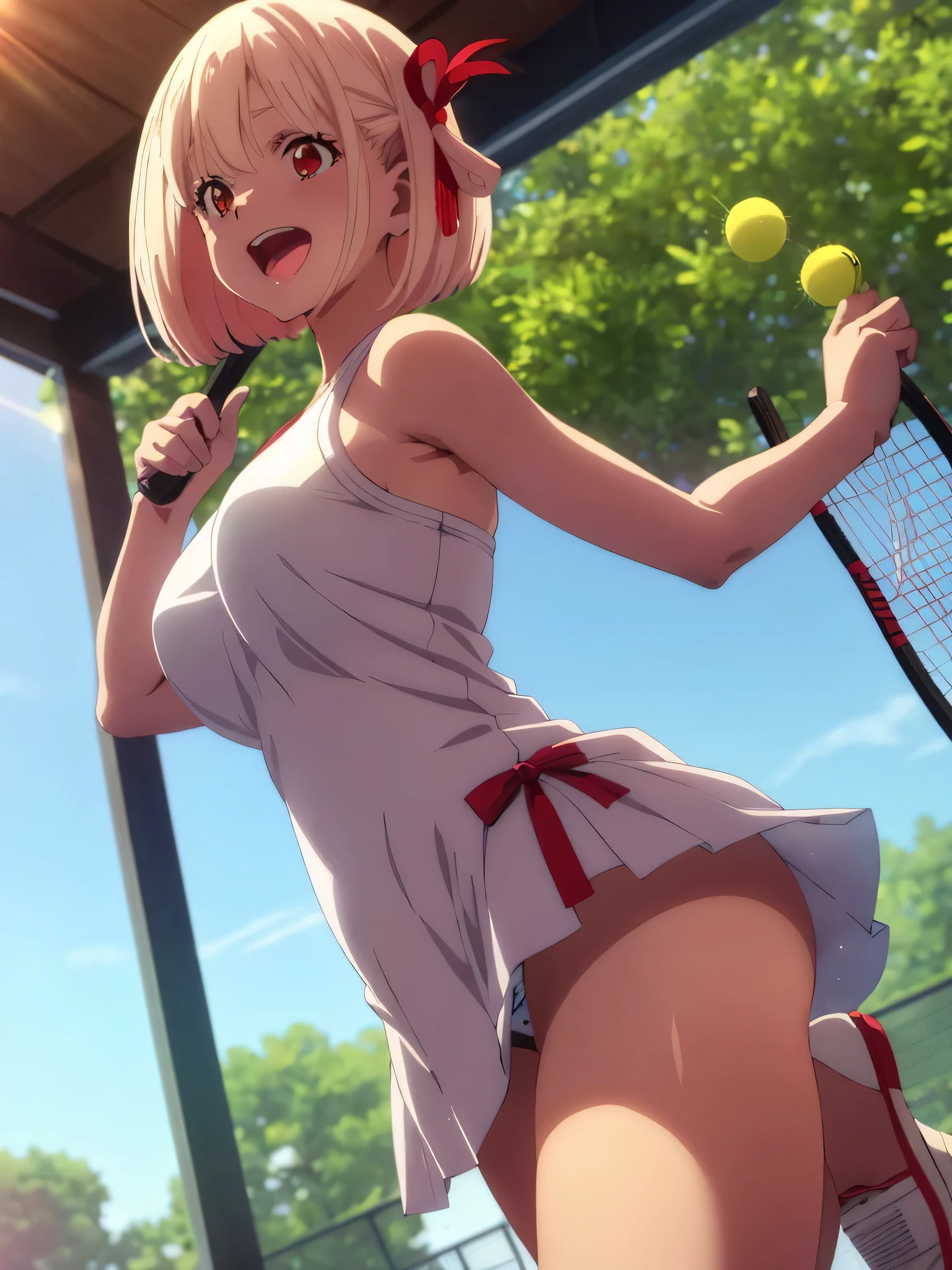 best image quality、high quality、girl,,tennis wear、holding a tennis racket、on the tennis coat、sweaty、big 、good、panties、valley、The sun is shining、shining sun、off shoulder ,(Laughter:1.1), (open your mouth:1.1), (wide open eyes:1.2), glare of the sun, Illuminated、Bokeh, written boundary depth, blurred background, Senzoku Nishikigi、Blonde short bob、red eyes、red ribbon