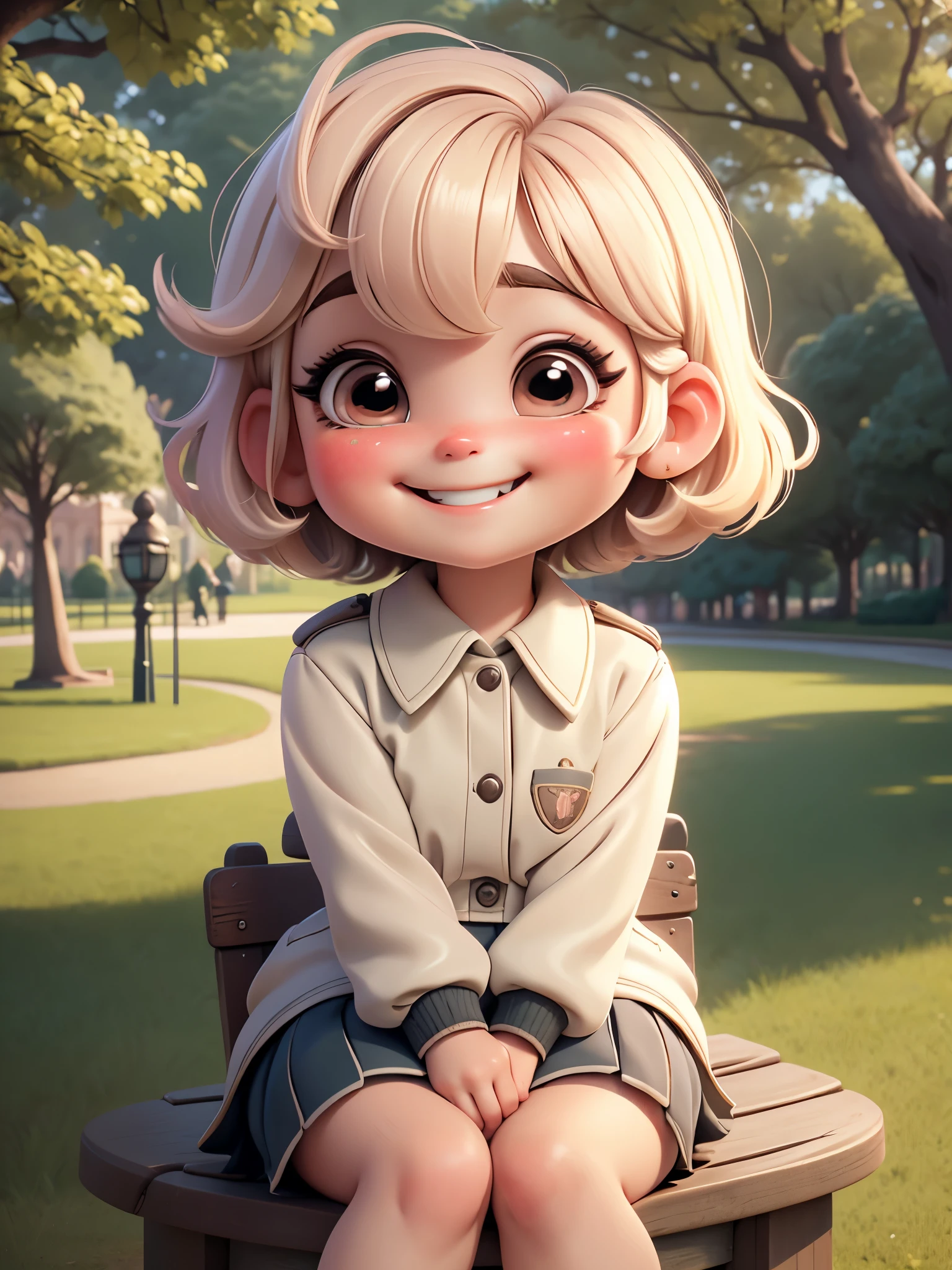1 girl,((Uniforms)), blush,faint smile, sitting,outdoor,grin, smiley, smiley face,smirk,Smug laughter,grin, toothy smile,short hair,Qi bangs,long eyelashes and rosy cheeks,(((in the park))),((cute chibi style)),