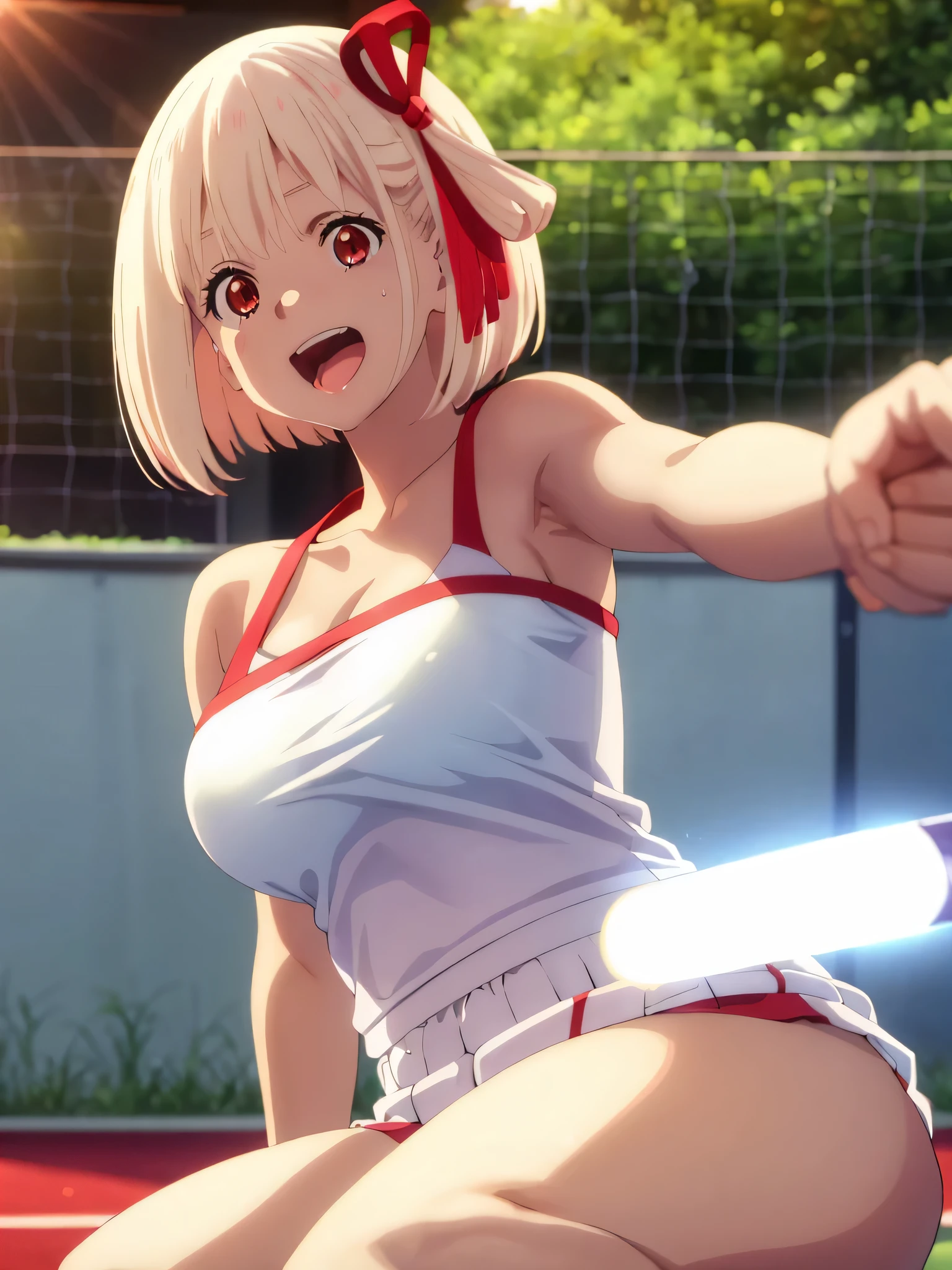 best image quality、high quality、girl,,tennis wear、holding a tennis racket、on the tennis coat、sweaty、big 、good、panties、valley、The sun is shining、shining sun、off shoulder ,(Laughter:1.1), (open your mouth:1.1), (wide open eyes:1.2), glare of the sun, Illuminated、Bokeh, written boundary depth, blurred background, Senzoku Nishikigi、Blonde short bob、red eyes、red ribbon