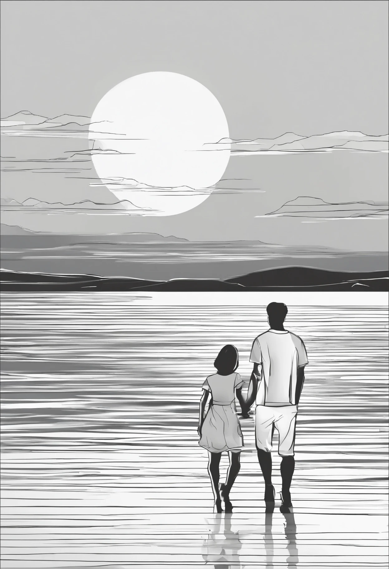 2d vector monochrome of a young couple watching a sunset on the beach, black and thick outline, immaculated white background,line art