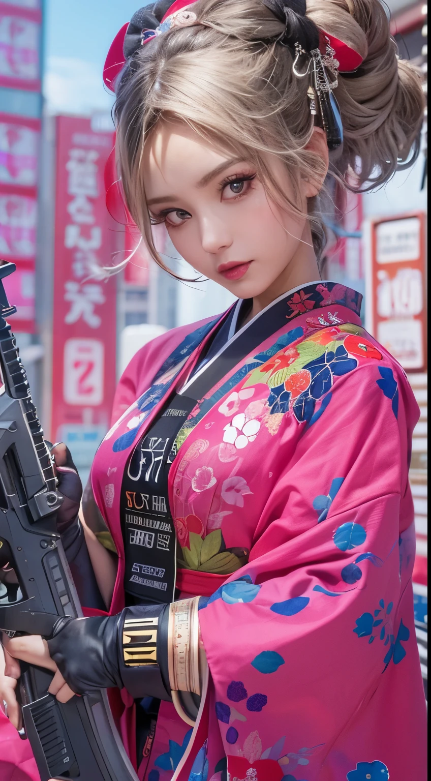 masterpiece, highest quality, Cyberpunk girls, wearing a Japanese kimono, Bold colors and patterns, eye-catching accessories, Trendy and innovative hairstyles, bright makeup, Cyberpunk dazzling cityscape, Pink stands out,skyscraper, neon sign, led lights, Bright and vivid color scheme, anime, figure, fine skin texture, fine cloth texture, beautiful detailed face, intricate details, Super detailed,Holding an assault rifle in hand