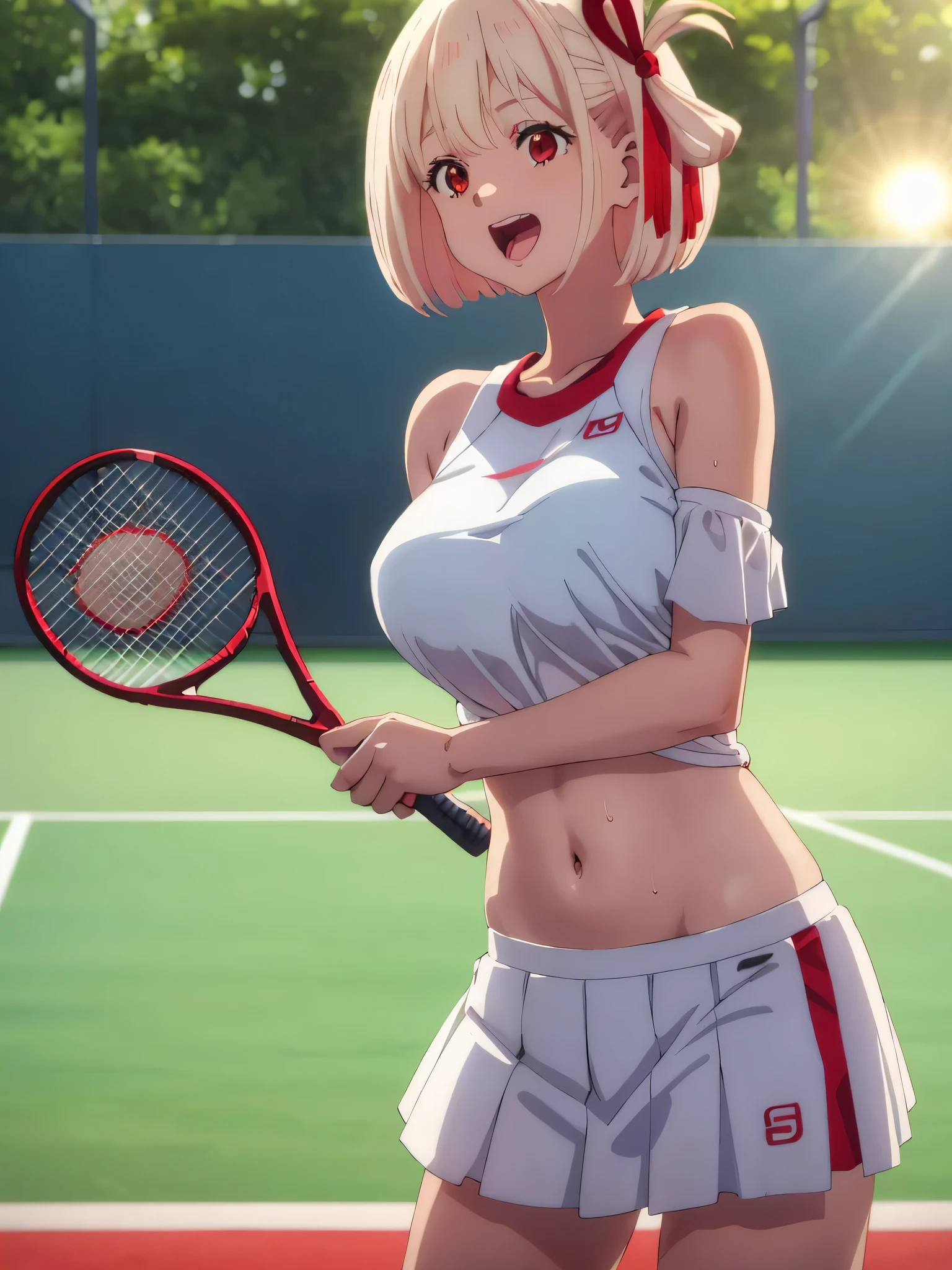 best image quality、high quality、girl,,tennis wear、holding a tennis racket、on the tennis coat、sweaty、big 、good、panties、valley、off shoulder ,(Laughter:1.1), (open your mouth:1.1), (wide open eyes:1.2), glare of the sun, Illuminated、Bokeh, written boundary depth, blurred background, Senzoku Nishikigi、Blonde short bob、red eyes、red ribbon
