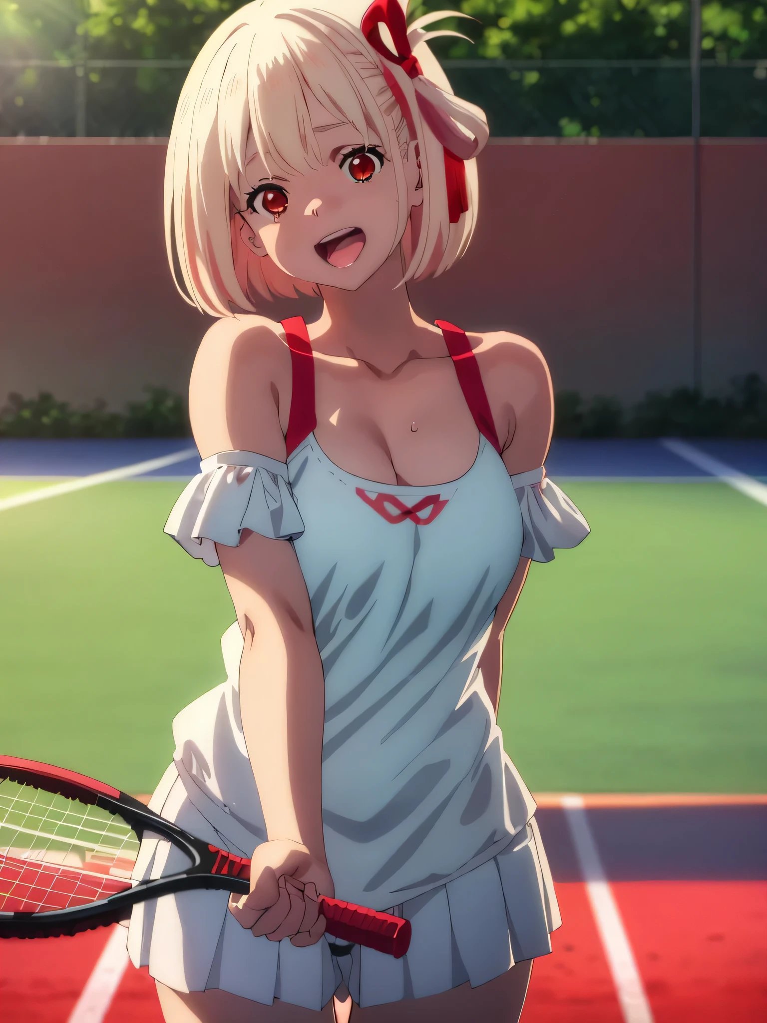 best image quality、high quality、girl,,tennis wear、holding a tennis racket、on the tennis coat、sweaty、big 、good、panties、valley、off shoulder ,(Laughter:1.1), (open your mouth:1.1), (wide open eyes:1.2), glare of the sun, Illuminated、Bokeh, written boundary depth, blurred background, Senzoku Nishikigi、Blonde short bob、red eyes、red ribbon
