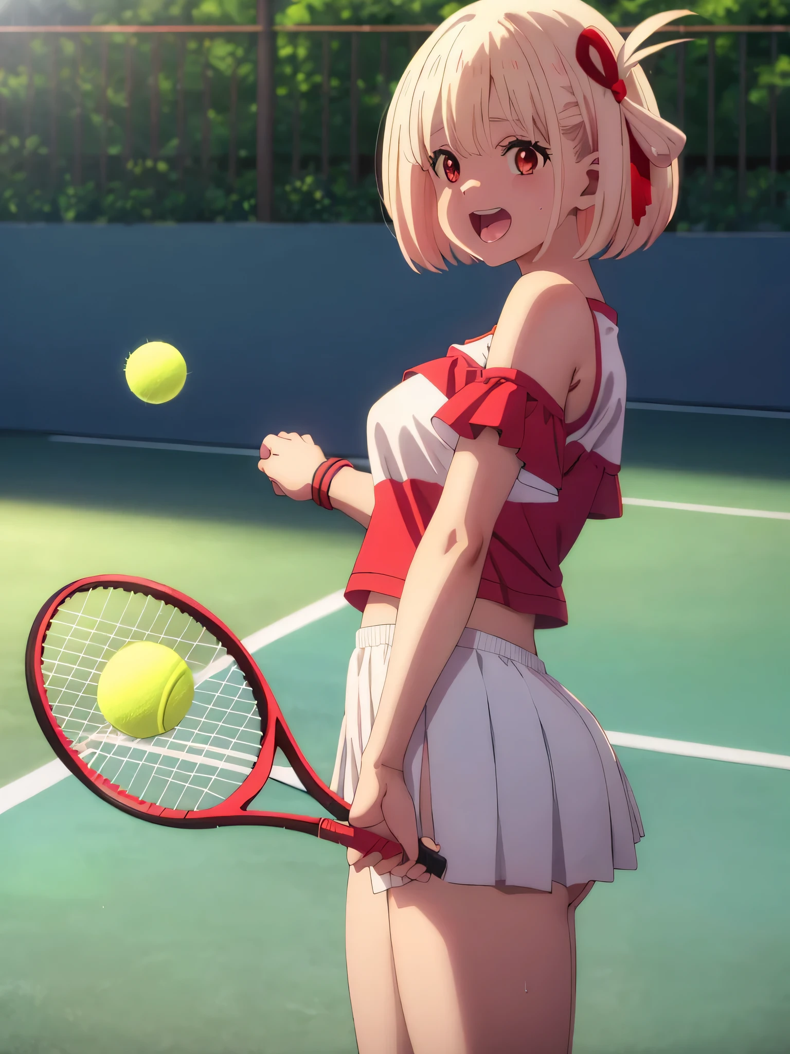 best image quality、high quality、girl,panty shot,tennis wear、holding a tennis racket、on the tennis coat、sweaty、big 、Brachira、panties、valley、off shoulder,strong wind ,(Laughter:1.1), (open your mouth:1.1), (wide open eyes:1.2), glare of the sun, Illuminated、Bokeh, written boundary depth, blurred background, Senzoku Nishikigi、Blonde short bob、red eyes、red ribbon