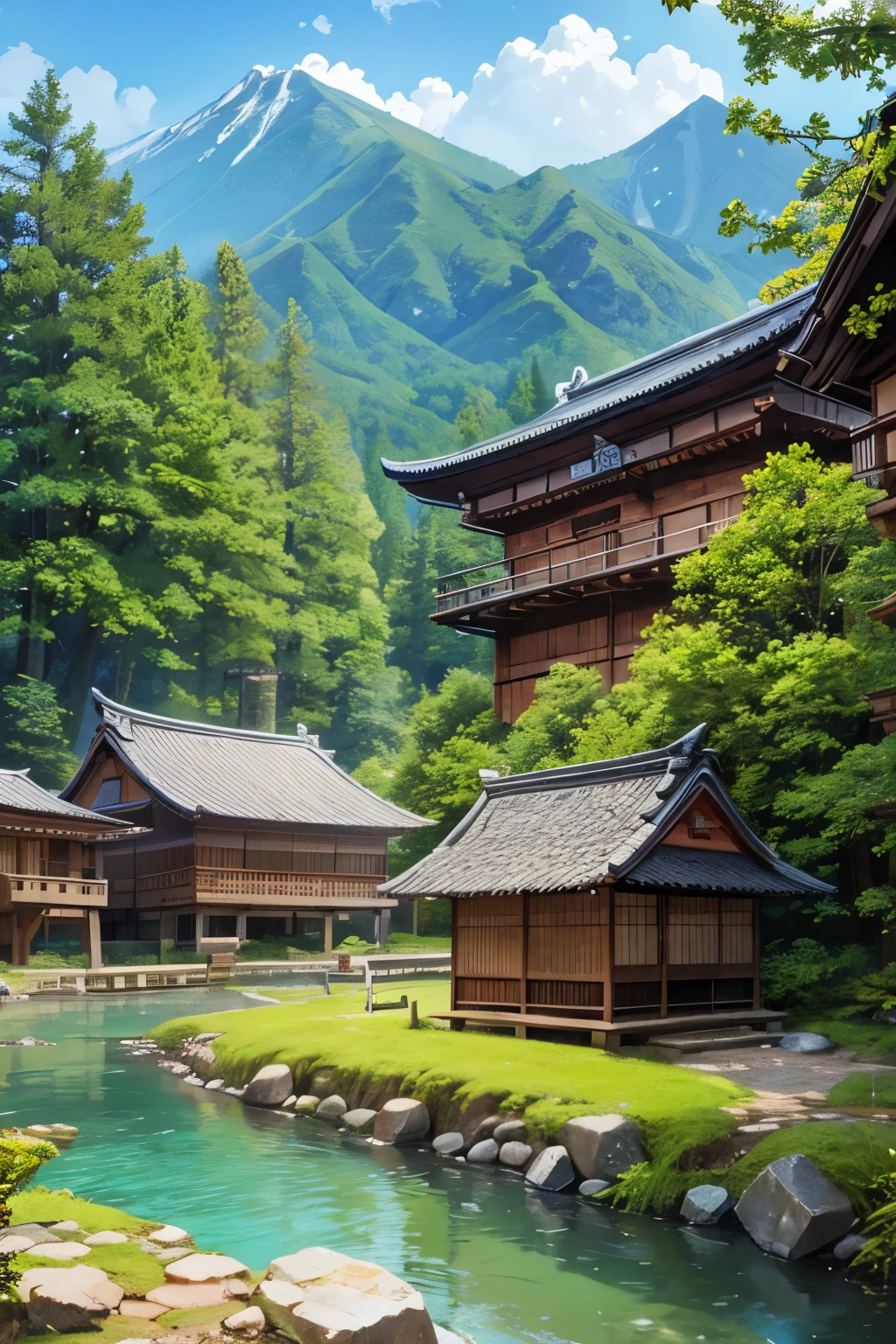 medieval japanese fantasy village with forest and river
