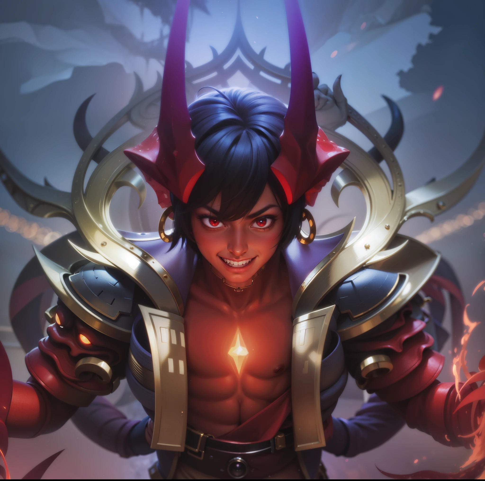 masculine male, masterpiece, ((perfect eyes)) best quality, (semirealism:1.9), beautiful lighting, (extremely detailed CG unity 4k fhd wallpaper), High Detail, Sharp focus, dramatic outdoors, 25 years old, brown short hair, blue eyes, smile, Boy with two big horns, big earrings on ears, elf ear, red eyes, Thick eyebrows, evil smile, grinning,red body, red face, Burning skin, yellow diamonds glistening on chest, burning red skin,golden robe behind, big white belt , 8k , realistic, scary, strong red eye glow (red eye:1.2).