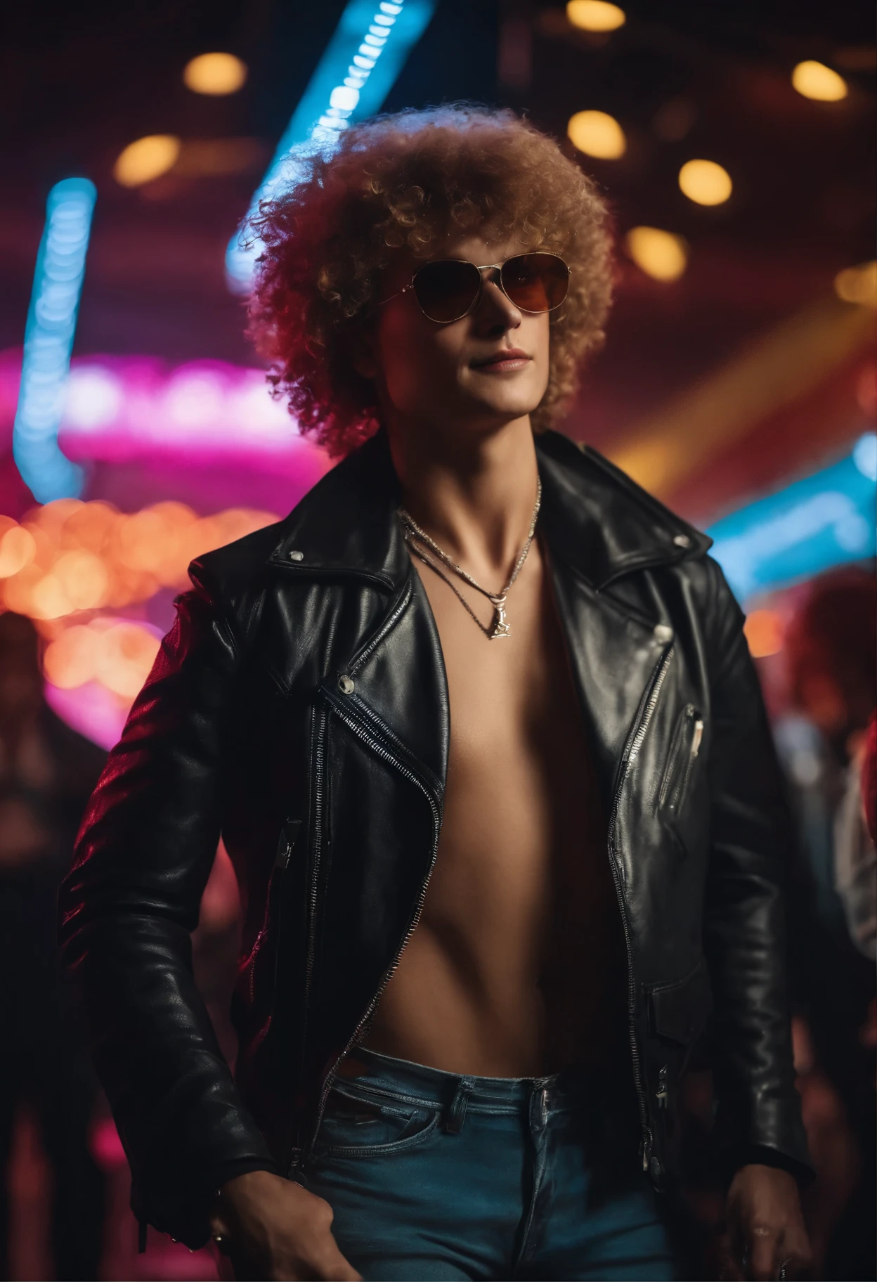 (best quality,4k,8k,highres,masterpiece:1.2),ultra-detailed,(realistic,photorealistic,photo-realistic:1.37),vivid colors,HDR,UHD,studio lighting,extreme detail description,physically-based rendering,sharp focus,ultra-fine painting,professional,80s,leather jacket,mullet hairstyle,free-style haircut,retro,energetic atmosphere,colorful lights,exaggerated poses,wild dance moves,music stage,neon lights,dynamic movements,dance floor,crowd cheering,glamorous fashion,sparkling sequins,high-top sneakers,loud music,roller skates,big hair,air guitar playing,synthesizer,keytar,arcade games,vibrant graffiti,disco ball,smoke machine,rock concert,80s pop icon,festival concert.