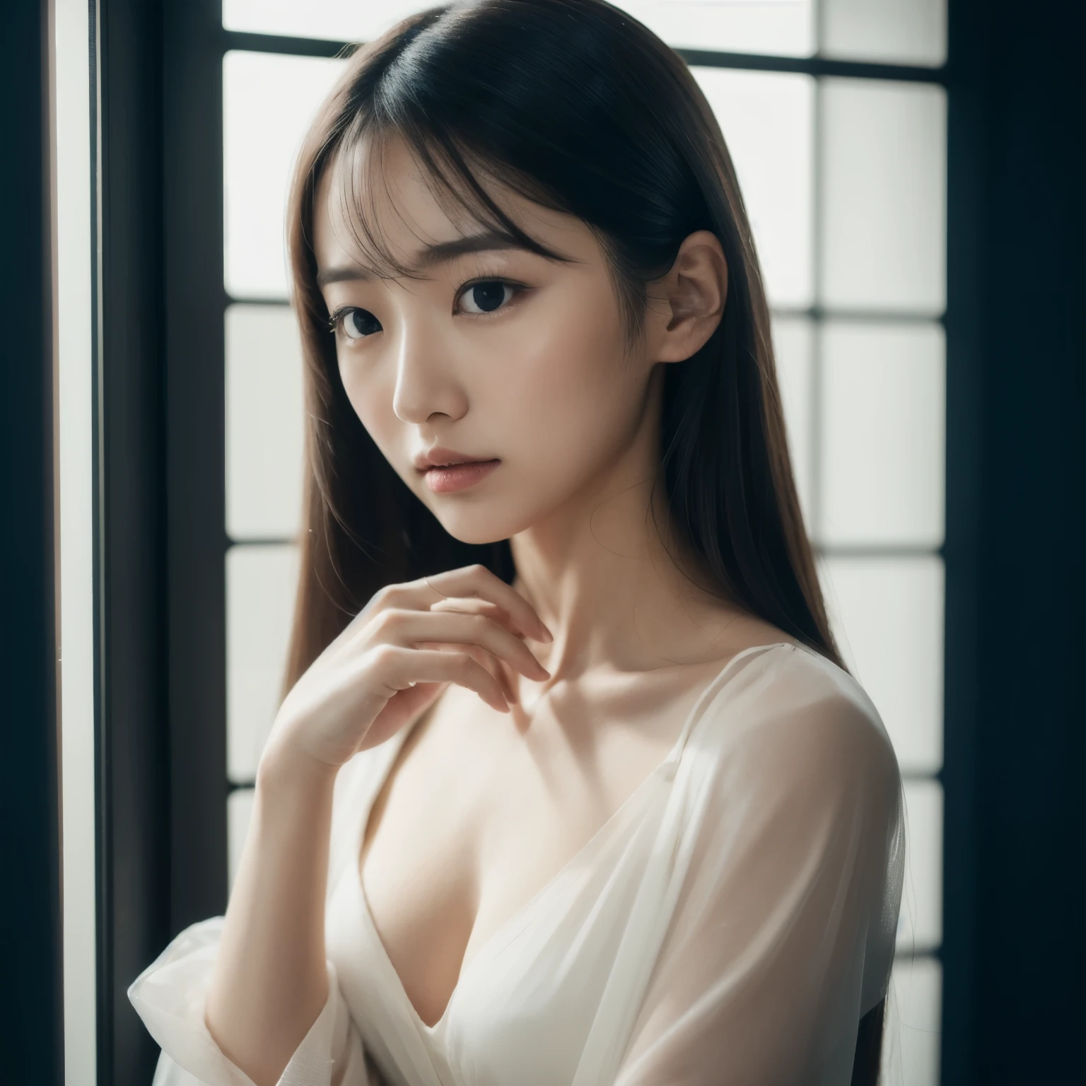 Young Japanese woman wearing a transparent blouse, (8K, Best Quality, Masterpiece, Ultra High Definition, realistic lighting: 1.3), sharp focus: 1.2, delicate skin tone: 1.4, translucent fabric: 1.5, (sensual, elegant pose: 1.2), revealing neckline: 1.3, long black hair: 1.3, pretty face: 1.3, subtle makeup: 1.2.