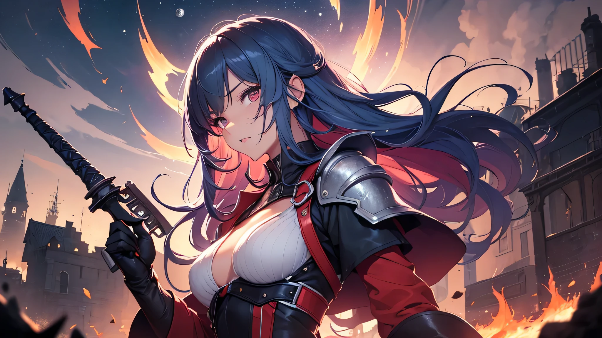 最high quality、best image quality、masterpiece、age girl((18-year-old、 By becoming、vest bust、medium bust,wide open breast tea、black eye, light blue hAria、Red mesh、long hAria、thin,highest valley、red mechanic dress、holding a red sword in his right hand、Glowing red wings,Aria、splatters、slash pose、scream、He holds a red sword in his left hand.、angry face、leaning forward)),high quality、beautiful art、background((outer space、battlefield、Burning Town、fire、inflammation))瓦礫がsplatters、Depth of written boundary、movie、visual art、perfect art、8K,genuine