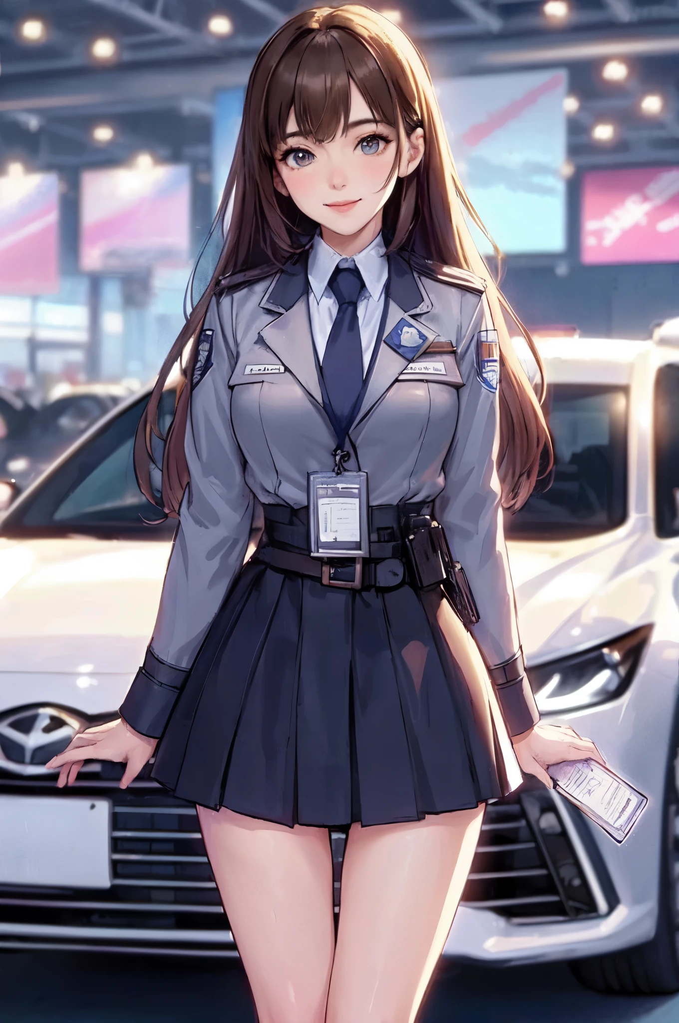 1lady solo standing, event staff, (costume inspired by American police) (futuristic costume), mature female, /(brown hair/) bangs, blush kind smile, (masterpiece best quality:1.2) delicate illustration ultra-detailed, large breasts BREAK (standing next to the latest model car), (holding pamphlet) BREAK (motor show indoors), audience, detailed background