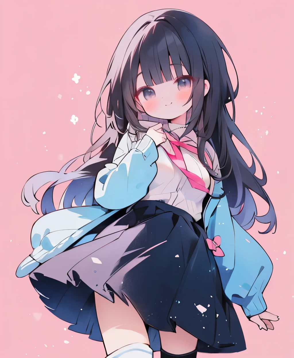 woman、anime illustration、bangs parallel、long hair、smile、Inner colorlight blue、1 person、background transparent、plain black long dress、pure white cardigan、black boots、breast enhancement、pink eyes