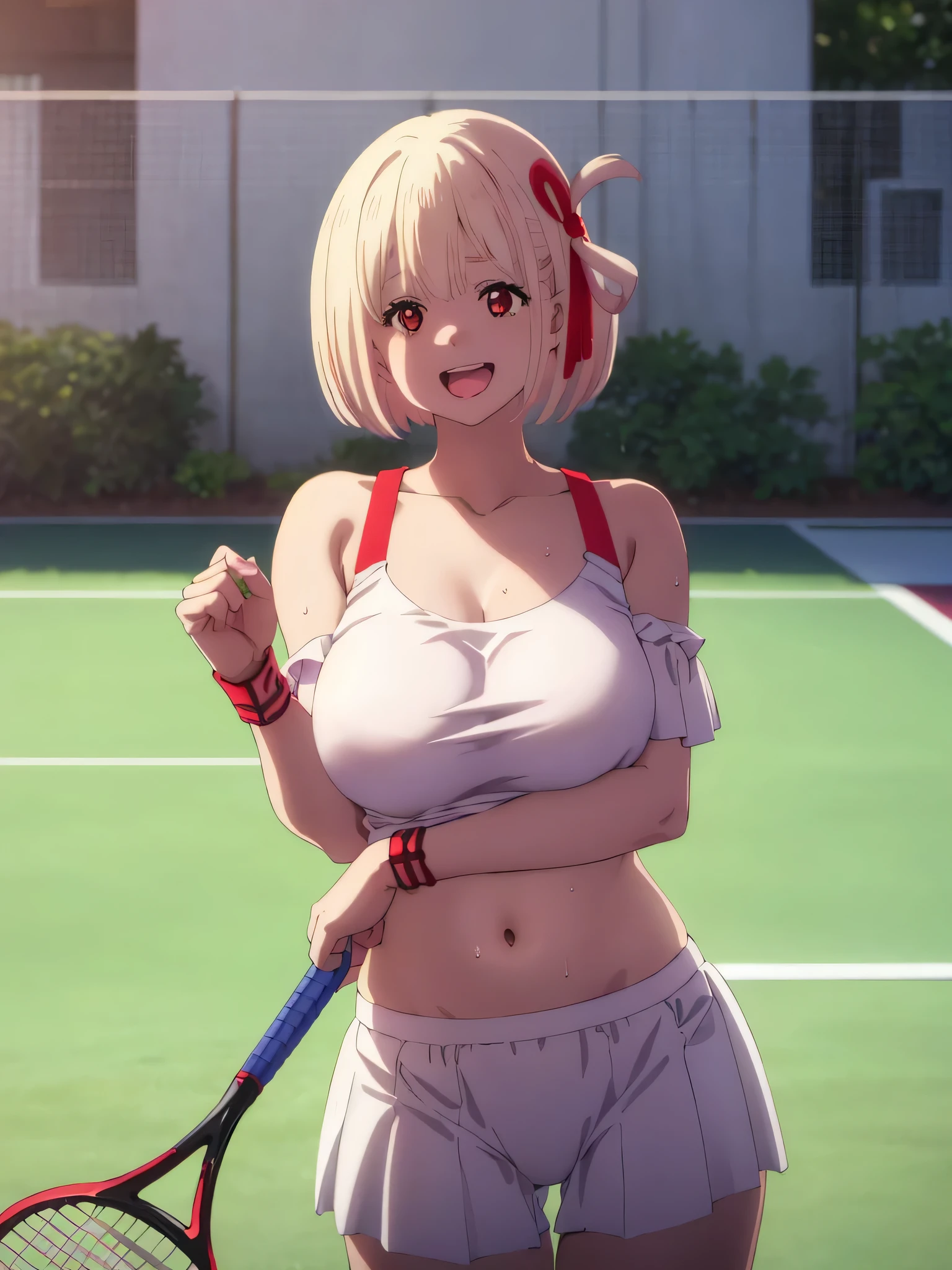best image quality、high quality、girl,Bra visible、tennis wear、holding a tennis racket、on the tennis coat、sweaty、big 、Brachira、panties、valley、off shoulder,strong wind ,(Laughter:1.1), , (wide open eyes:1.2), glare of the sun, Illuminated、Bokeh, written boundary depth, blurred background, Senzoku Nishikigi、Blonde short bob、red eyes、red ribbon