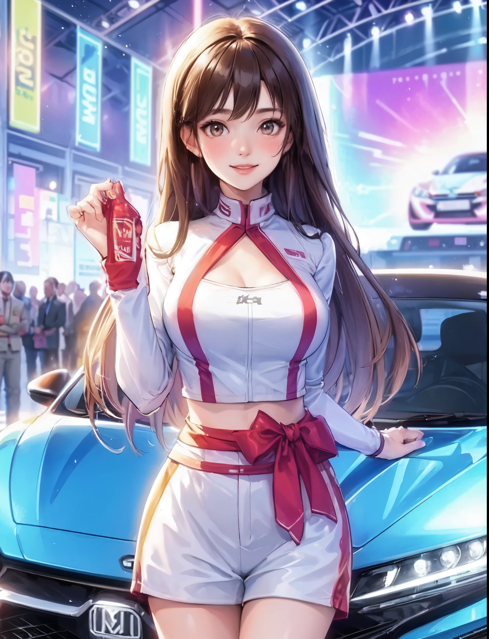1lady solo standing, event staff (costume inspired by racer uniform), mature female, /(dark brown hair/) bangs, blush kind smile, (masterpiece best quality:1.2) delicate illustration ultra-detailed, large breasts BREAK (standing next to the latest model car), (holding panel with car name) BREAK (motor show indoors), audience, detailed background
