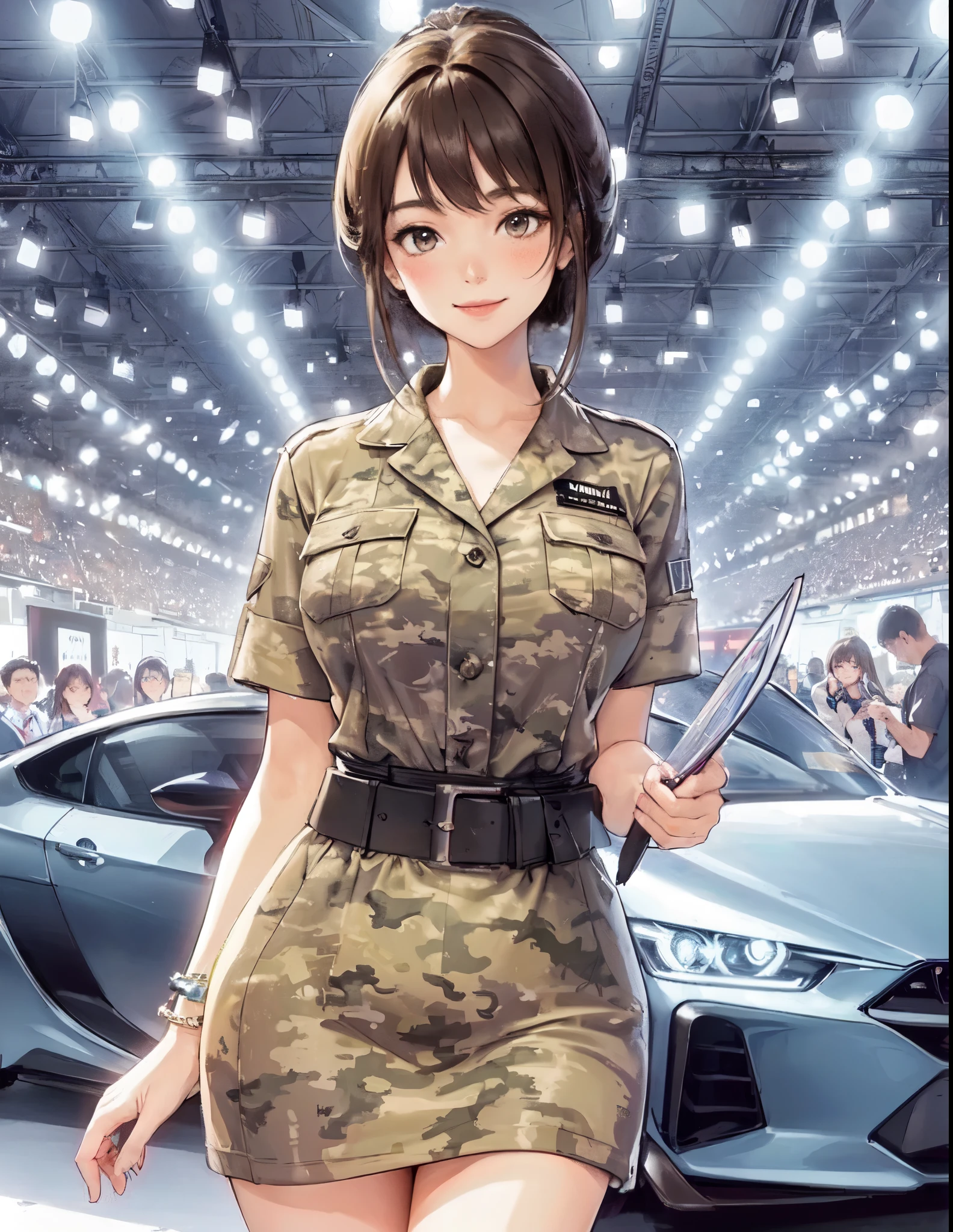 1lady solo standing, event staff (camouflage-patterned costume) futuristic, mature female, /(dark brown hair/) bangs, blush kind smile, (masterpiece best quality:1.2) delicate illustration ultra-detailed, large breasts BREAK (standing next to the latest model car), (holding pamphlet) BREAK (motor show indoors), audience, detailed background