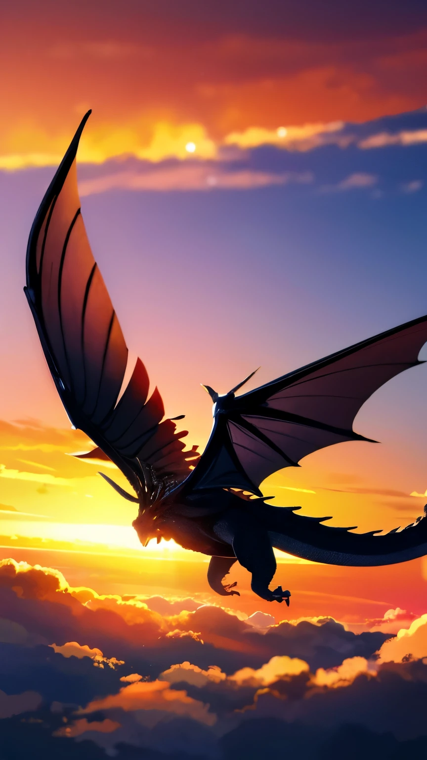 A huge dragon flying high in the sky。Overwhelming majesty。The background is the sunset sky and clouds illuminated by the sunset。