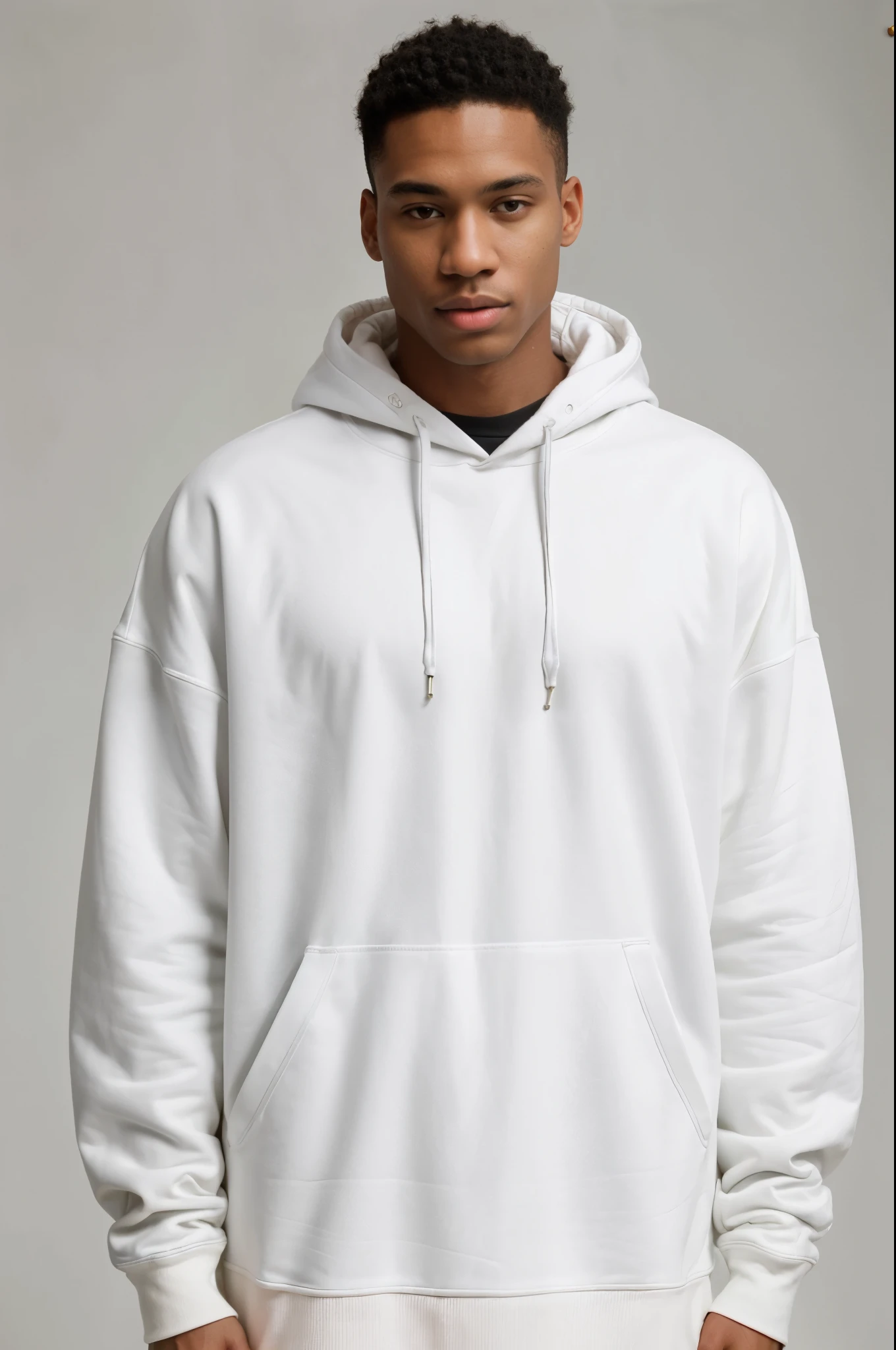 Produce a visually stunning and hyper-realistic banner image with top-notch quality, utilizing high-resolution, high-contrast studio lighting techniques. Ensure a zoomed-out perspective that captures the entirety of a black male model prominently showcasing a solid white high quality fleece oversized hoodie. The hoodie should no drawstrings on the hood for a sleek appearance. The clothing aspect should be emphasized with a 1.1 magnification, and the overall image should maintain a photorealistic enhancement at a factor of 1.37. Employ a flat white background, Pay meticulous attention to full skin details on the model to enhance the realistic aesthetic. The final output should be in 4K resolution and tailored specifically for a streetwear store front banner, meeting the highest standards of quality and appeal. professional studio shooting
