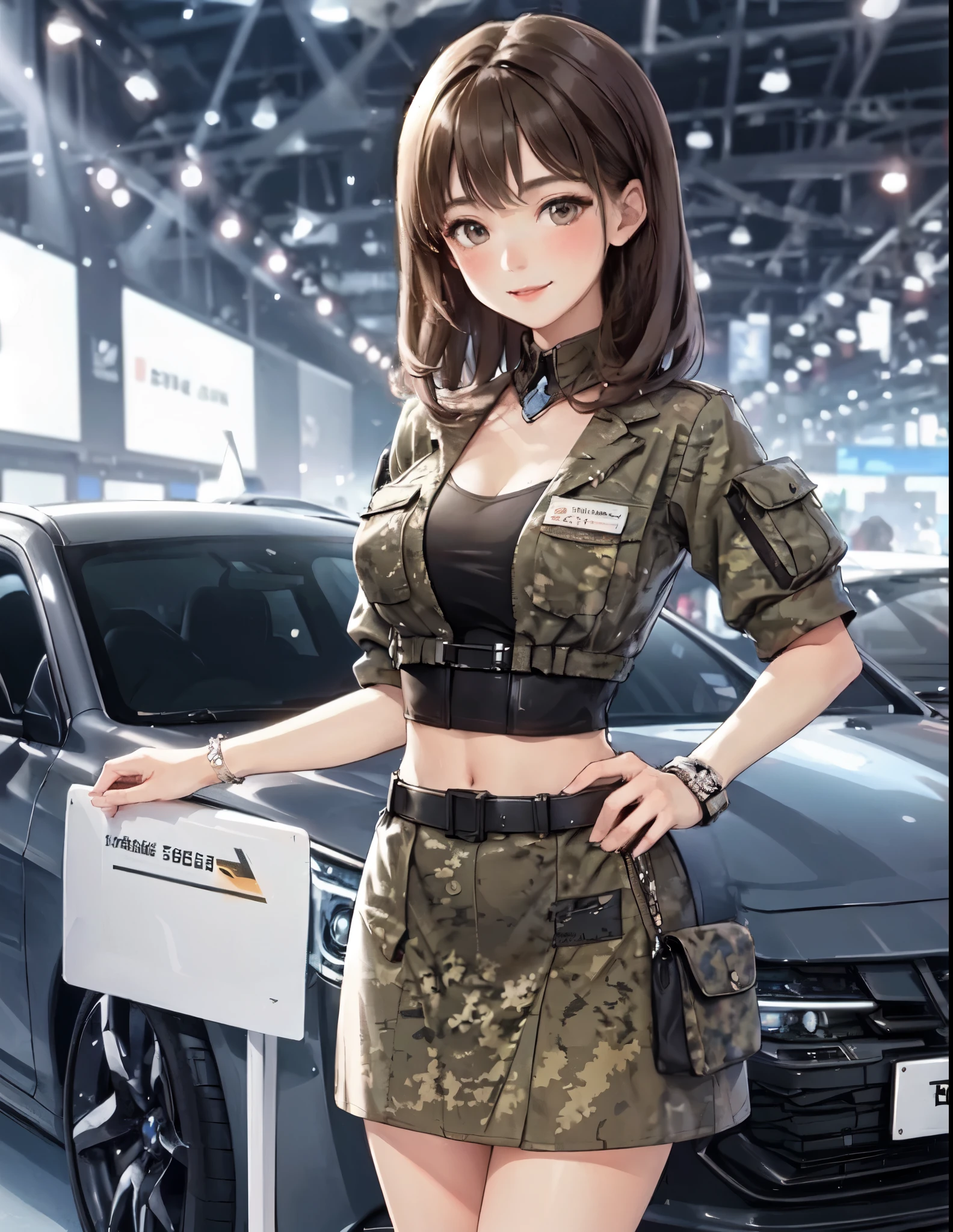 1lady solo standing, event staff (camouflage-patterned costume) futuristic, mature female, /(dark brown hair/) bangs, blush kind smile, (masterpiece best quality:1.2) delicate illustration ultra-detailed, large breasts BREAK (standing next to the latest model car), (holding panel with car name) BREAK (motor show indoors), audience, detailed background
