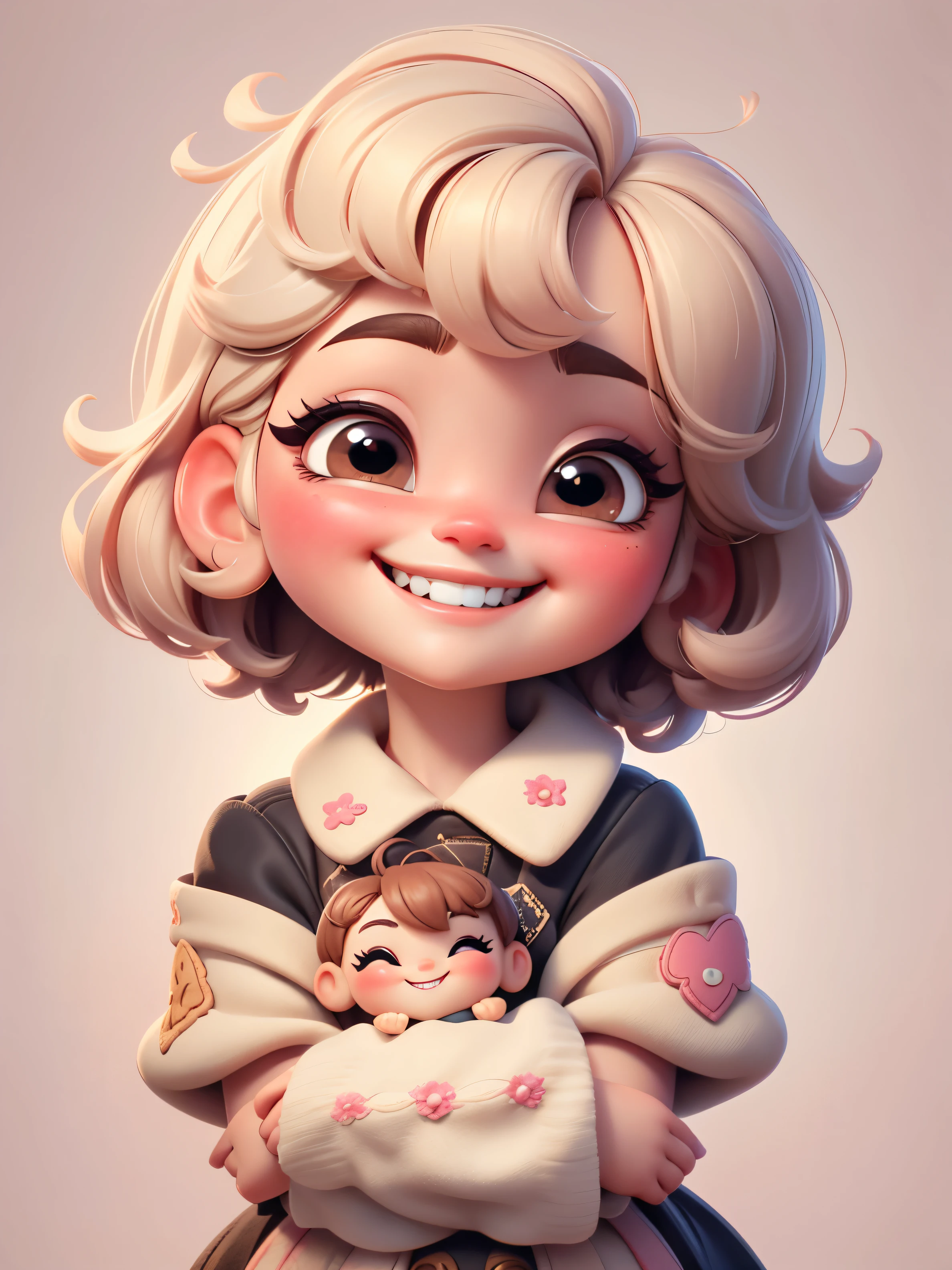 Close-up of portraits,facial close-up(Shoulders to head),Create a collection of adorable chibi style dolls,Each with tons of detail and 8K resolution,Grinning, smiley face, smiley face face,giggle,triumphant laughter,Grinning, Toothy smile, (masterpiece: 1.2), (best quality),Close-up eyes,Solid background pattern, short hair,Qi bangs,long eyelashes and rosy cheeks,
