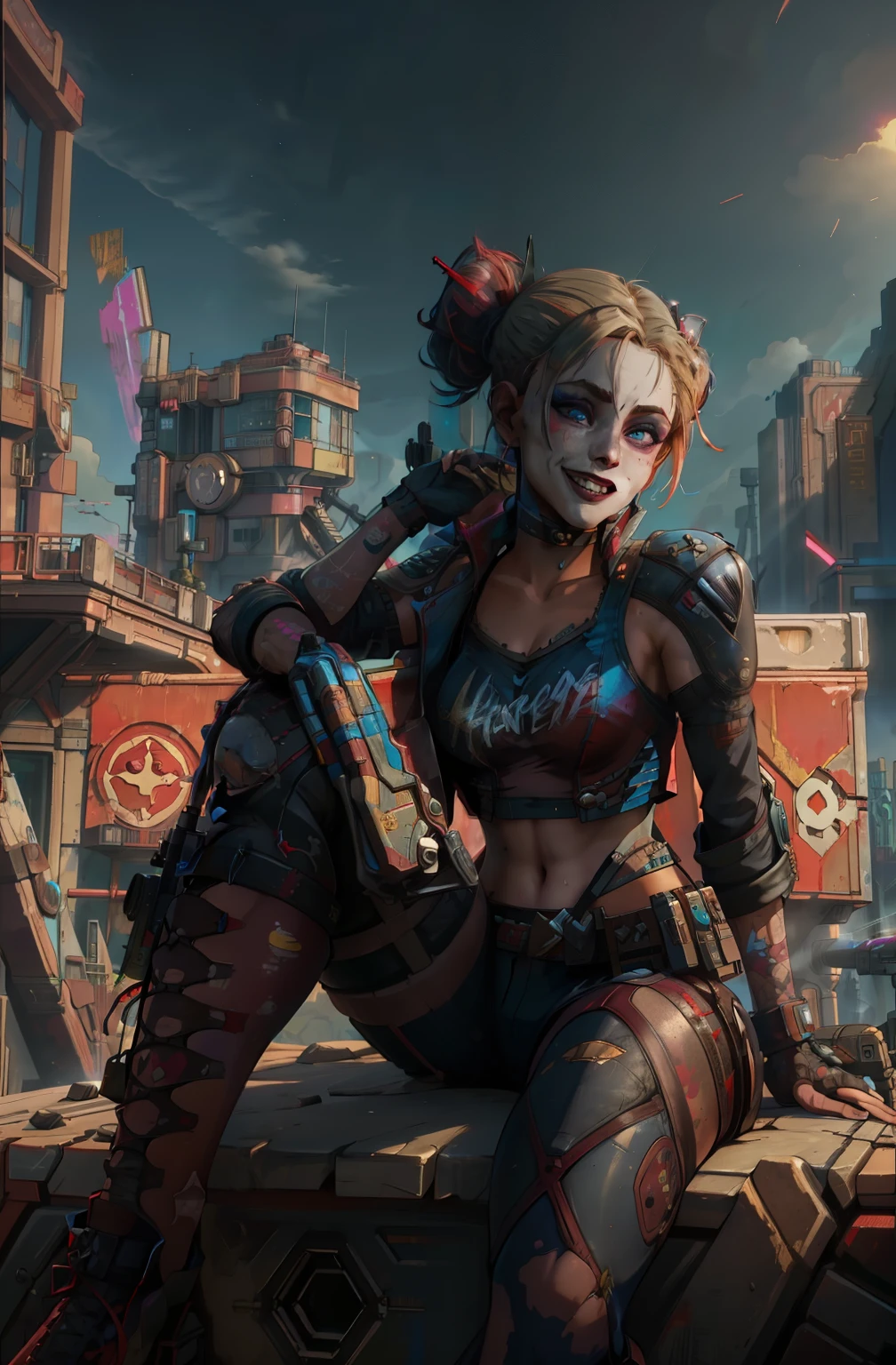 Apex Legends, Borderlands, Valorant, Harley Quinn ,smiling, holding cards, tank top, sitting on car, (insanely detailed, beautiful detailed face, beautiful detailed eyes, masterpiece, best quality),solo, cyberpunk,