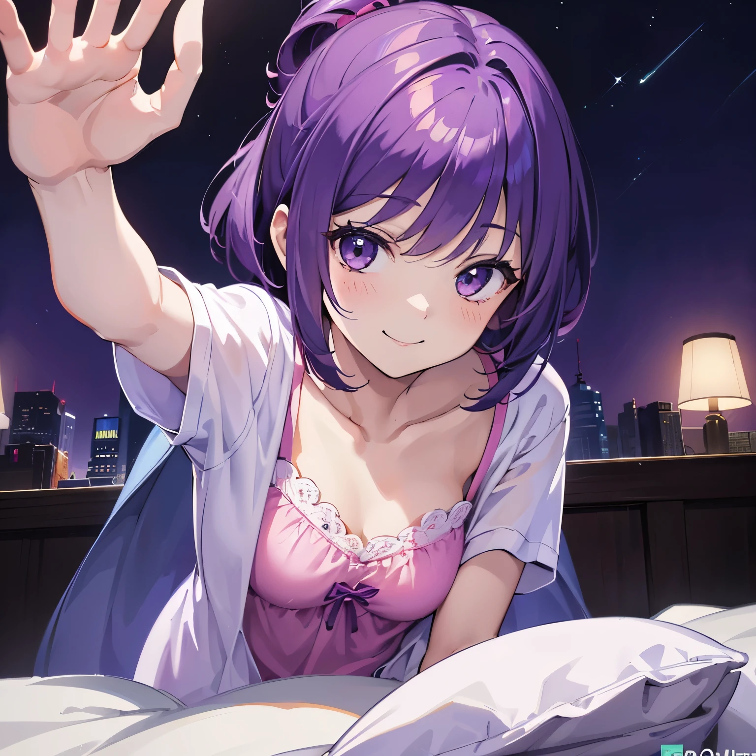 (T Masterpiece,4k wallpaper,Best Quality))、((girl1people))、(solo)、Bright and Brilliant,(Purple Hair)、(Shortcuts:1.3)、smile、Bedroom、pajamas、night