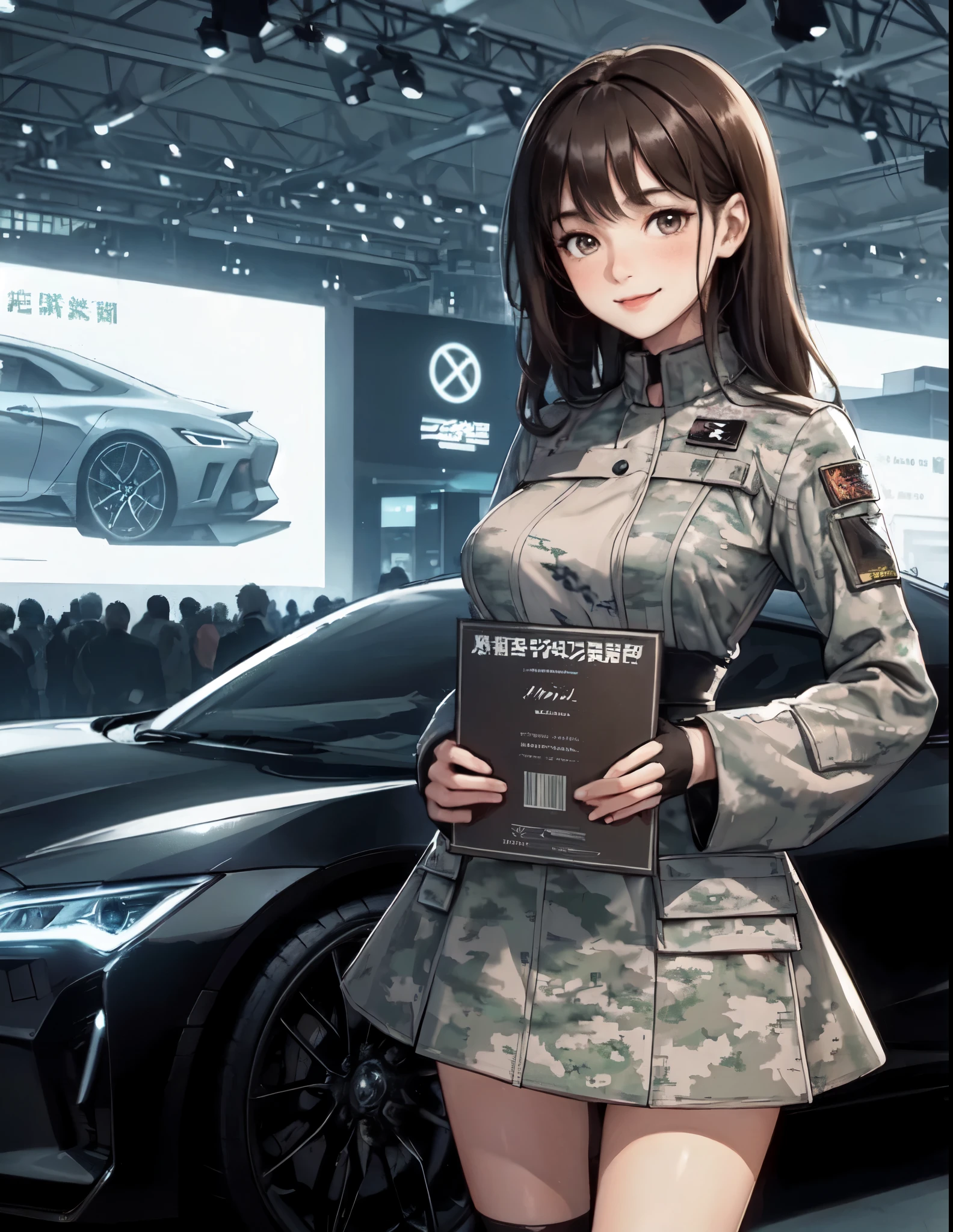 1lady solo standing, event staff (camouflage-patterned costume) futuristic, mature female, /(dark brown hair/) bangs, blush kind smile, (masterpiece best quality:1.2) delicate illustration ultra-detailed, large breasts BREAK (standing next to the latest model car), (holding pamphlet) BREAK (motor show indoors), audience, detailed background