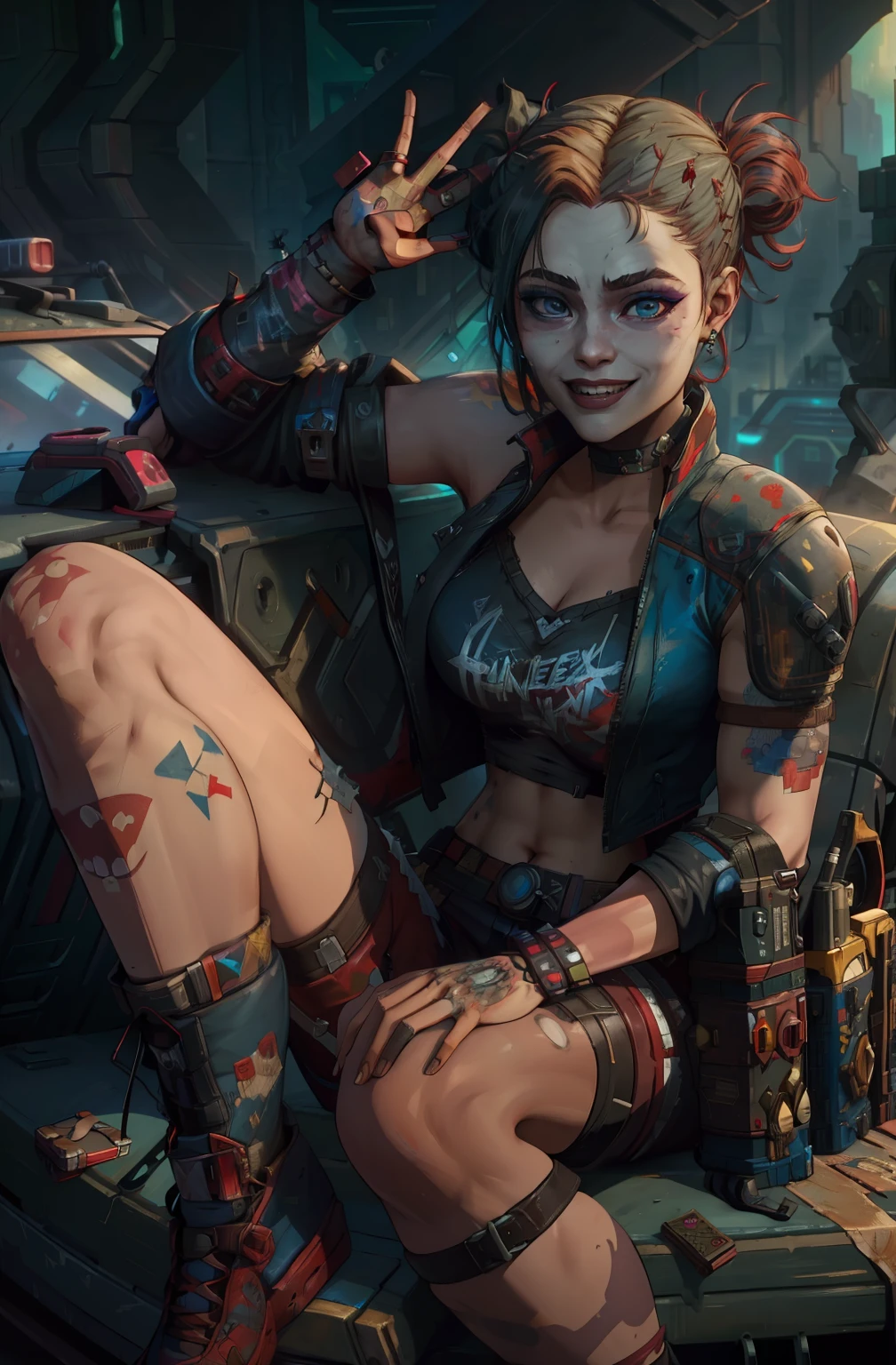 Apex Legends, Borderlands, Valorant, Harley Quinn ,smiling, holding cards, tank top, sitting on car, (insanely detailed, beautiful detailed face, beautiful detailed eyes, masterpiece, best quality),solo, cyberpunk,