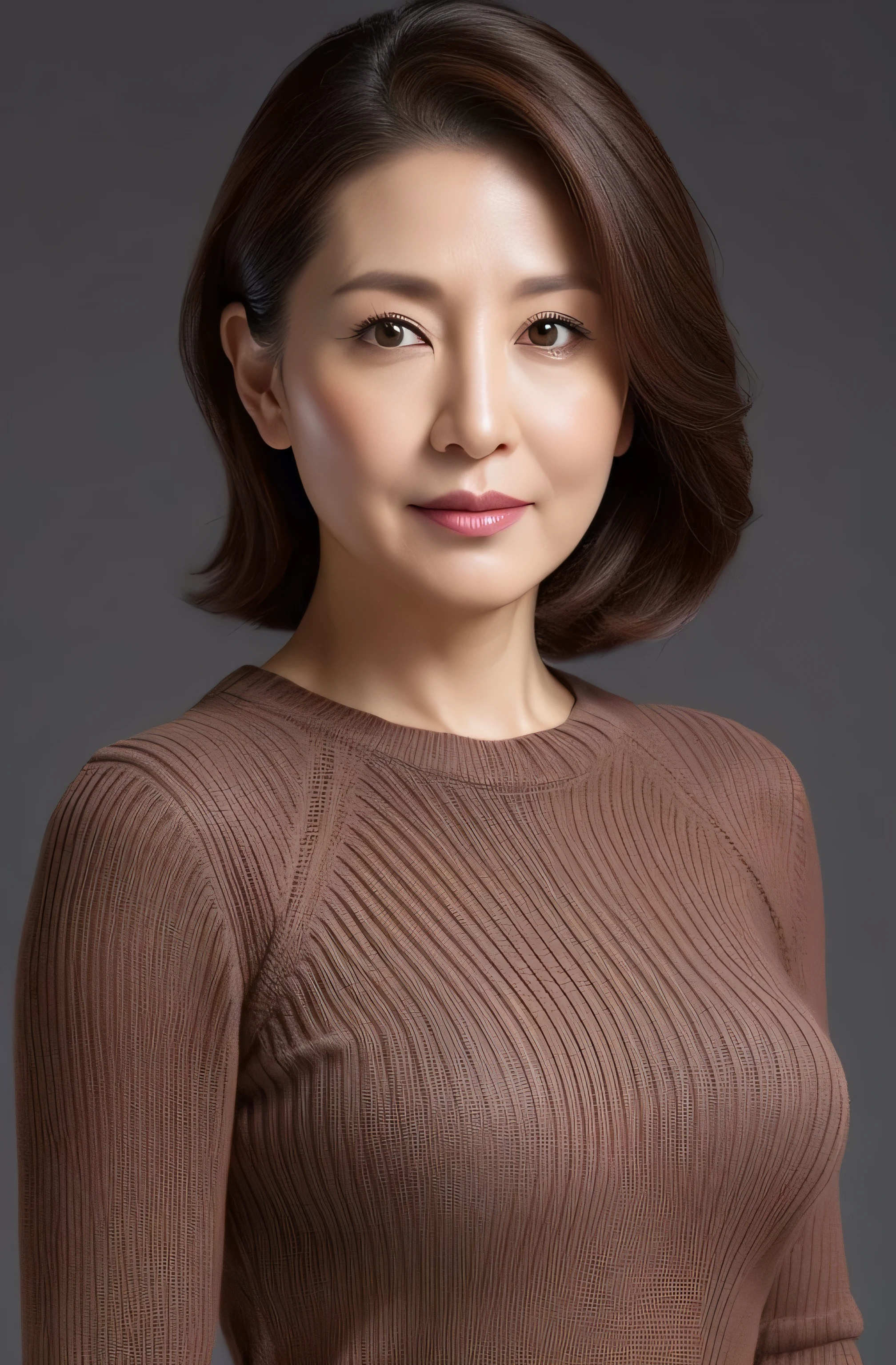 High resolution, High level image quality, high detail, masterpiece, rough skin, anatomically correct, sharp, gray background((japanese mature, 45 years old)), alone, ((facial wrinkles)), good shape big breasts, Straight light brown hair that reaches to the shoulders, Chubby body type (((stand upright, facing the center of the screen.))), Close your mouth and look straight ahead with a serious face, sweater, skirt, ((cowboy shot)),