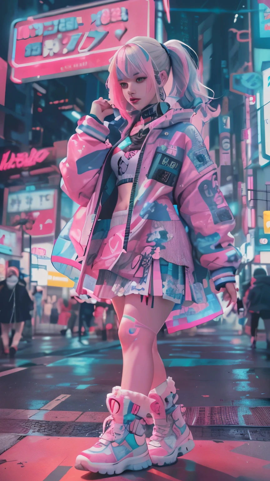 masterpiece, highest quality, Cyberpunk girls,She is wearing cute Harajuku-style clothes in Japan., The pink color stands out,Bold colors and patterns, eye-catching accessories, Trendy and innovative hairstyles, bright makeup, Cyberpunk dazzling cityscape, skyscraper, neon sign, led lights, Bright and vivid color scheme, anime, figure, fine skin texture, fine cloth texture, intricate details, Super detailed,low angle, full body, Distant view(looking away:1.4)
