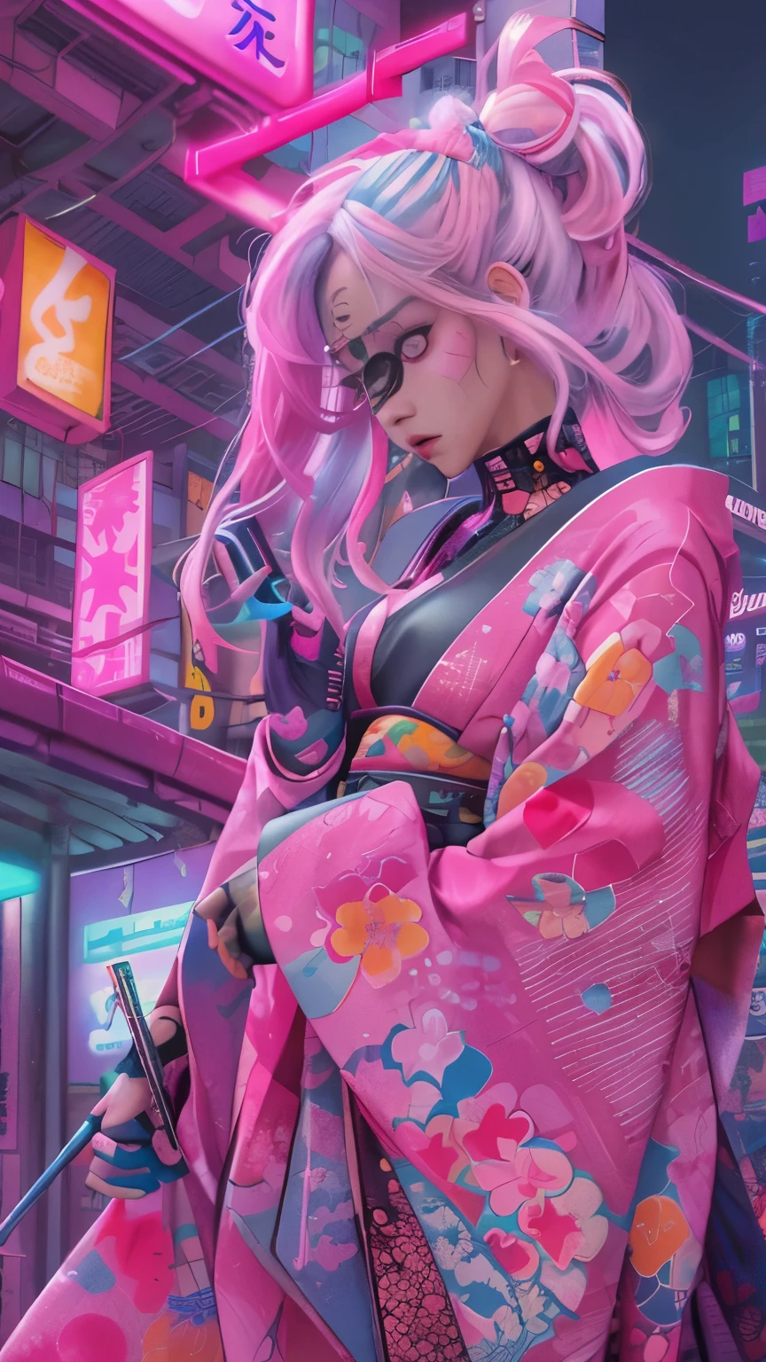 masterpiece, highest quality, Cyberpunk girls,wearing a Japanese kimono,The pink color stands out,Bold colors and patterns, eye-catching accessories, Trendy and innovative hairstyles, bright makeup, Cyberpunk dazzling cityscape, skyscraper, neon sign, led lights, Bright and vivid color scheme, anime, figure, fine skin texture, fine cloth texture, intricate details, Super detailed,low angle, full body, Distant view(looking away:1.4)