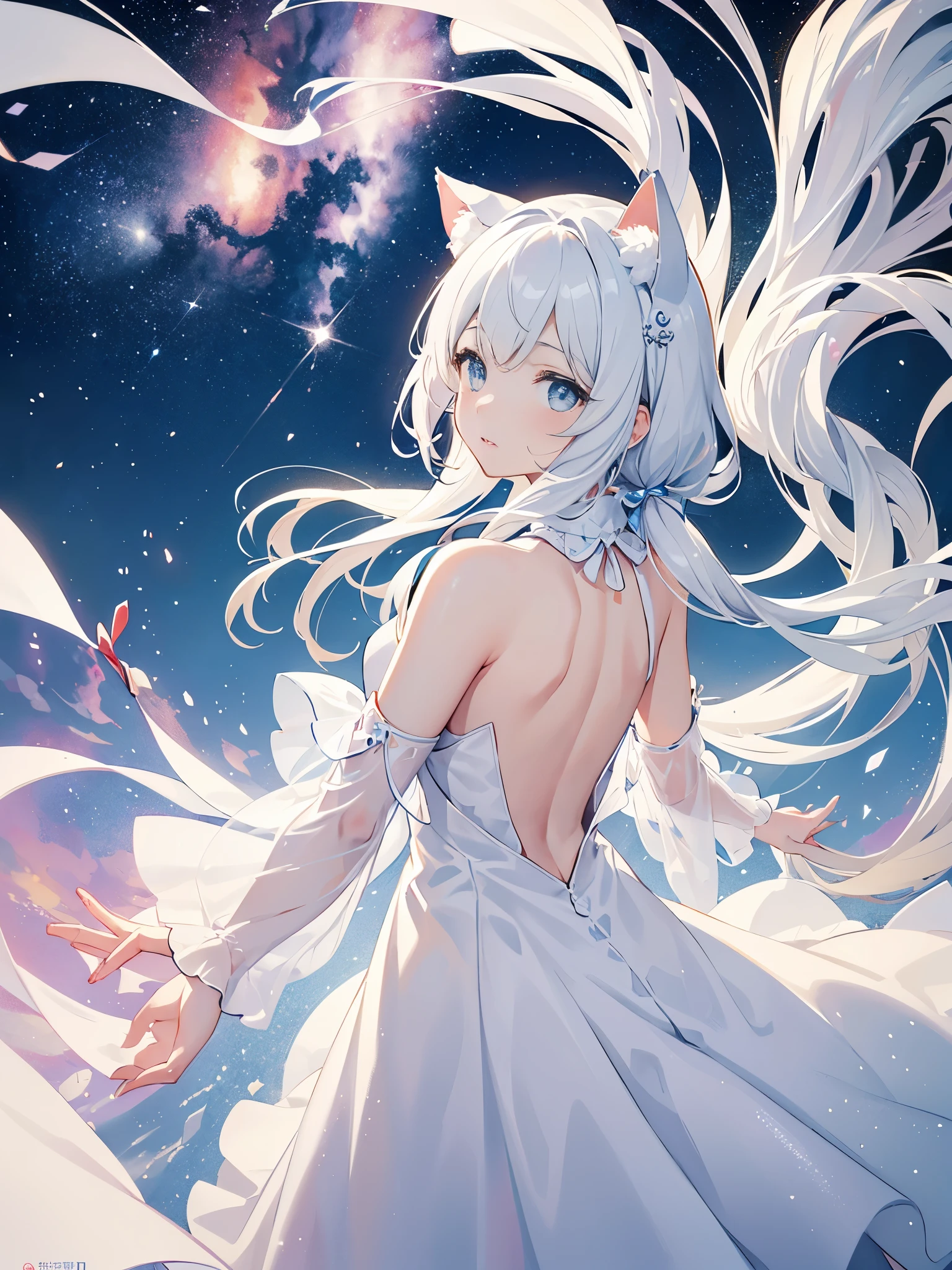 girl with cat ears(Pure and beautiful),Mythical texture。 Wearing a transparent dress in white silk(White in red,Key points reflected)Expression setting joy,infatuation 。Action settings:in a standing posture,Turn around and look back at the camera(dream) Official image quality。Background settings:Rivers connect to the Milky Way