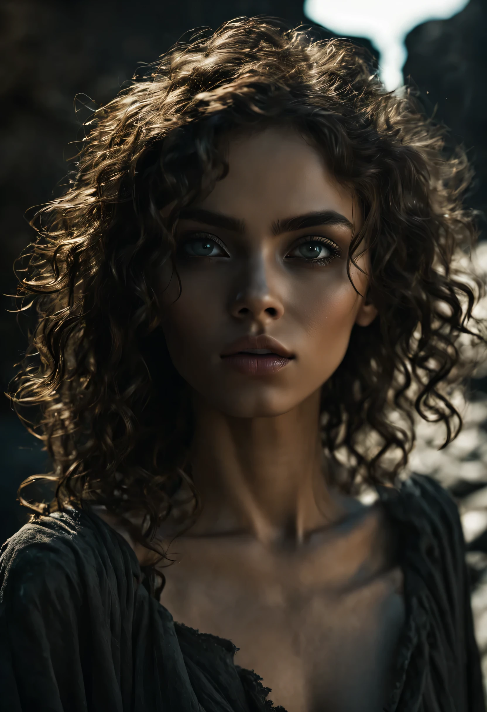 the most beautiful girl on the planet,collective ethnicity of different races (25% Noir +25% Arabs +25% Europeans +25% Asians ) , 16yo , long flowing hair against the background of a rock above the ocean ,8k render, photo realism, many details, Well developed facial skin, High-definition image, in a rusty decayed city under a blanket of broken dust, deep shadows, high quality, high resolution, cinematic, dark, vapor, abandoned, conceptual hyper-aesthetic dramatic ambience. Her curly hair frames her face, drawing attention to her striking gray eyes. Her pale skin, with its intricate texture, adds depth and character to her aesthetic. As she savors the moment, she radiates a quiet confidence and contentment. 16k, extreme detail, fine textures, ((dark shadows)), dark, sharp lines, ((time the revelatory)), vivid colors. beautiful. revealing. masterpiece. vibrant. (back lighting). (void:1.2). (perspective:1.3). (wind:1.1). (tang:1.1). (time:1.4). (decay:1.3). (fog:1.1). (ruin:1.1) Shot on a Hasselblad high format camera with a 100mm lens, this portrait is a stunning example of visual storytelling, this cinematic image captures the model's effortless beauty and the grandeur of the city below. (35mm, F/2.8) Photo Focus, DOF, Aperture, and hyper-maximalist rendering bring this scene to life in stunning detail. This image captures every nuance of her expression, from the subtle creases in her skin to the way her hair falls around her face. It's a stunningly realistic and visually descriptive piece. The composition is expertly crafted, with global illumination adding a sense of depth and dimension.
