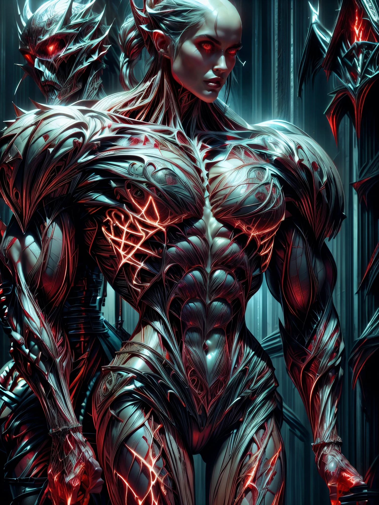 (1 girl), (megan fox:1.25), (pure white skin:1.25), Beautiful vampire girl dressed in ornate medieval vampiric full body armor, (extreme muscular definition:1.5), (vampiric body armor:1.25), (huge muscular arms:1.5,) (10-pack abs:1.4), (lots of veins:1.25), Ultra Realistic, Very detailed face and eyes, a true masterpiece, with an atmosphere of horror, gothica, blood, haunted cathedrals