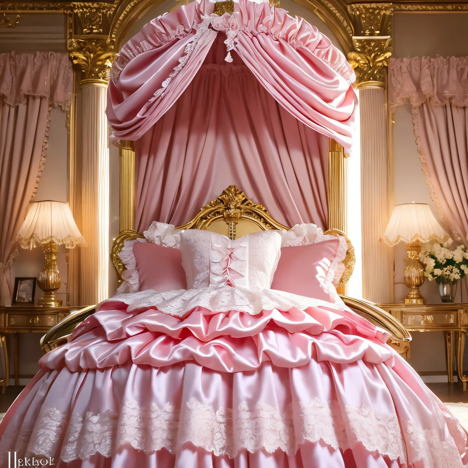,highest quality, masterpiece, highest resolution, artwork, super それにget used to it, many get used to it, get used to it, それにget used to it, 3K realistic photos,,(( At the )),Super detailed baby face princess,Full length ball gown dress with hoop skirt,ruffled yoke collar,puff sleeves,long sleeve,((Lolita style hot pink detailed princess satin dress、Comes with lots of frills and ribbons。)),Colorful fashion in rococo style,shiny satin dress,Soft and smooth fabric,luxury,long blonde hair,blue eyes,white skin european,pajamas,((inside the palace)),,,(( At the age of 10)),Super baby face,Full length ball s with hoop skirt,ruffled yoke collar,puff sleeves,腰まで伸びるlong blonde hair,blue eyes,white skin european,pajamas,((inside the palace bedroom)),ピンクのシルクサテンのluxuryな天蓋付きベッドの上,Huge canopy bed,luxurious curtains under the canopy,many frilly pillows on the bed,super detailed background,Detailed bed,romantic atmosphere,