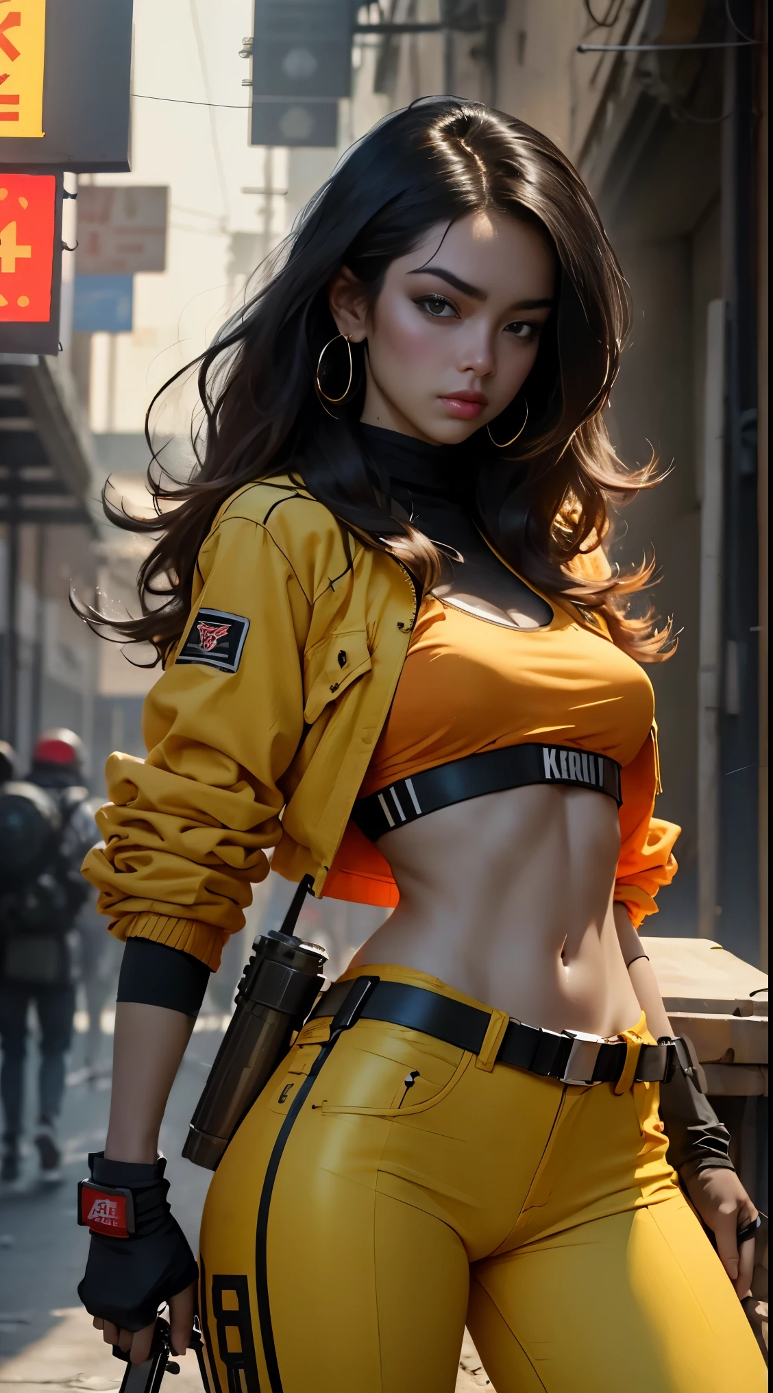 motor world,irreal:1.4,CG ultra realista 64K, fotorrealista:1.4, textura de la piel:1.4, obra maestra:1.4,Hermosa mujer con sombrero de pelo largo、holding gun, ak-47, assault rifle, kalashnikov rifle, trigger_discipline, low-ready Ropa corta estilo cyberpunk bike,color amarillo, pantimedias red, sexzy elastic pant