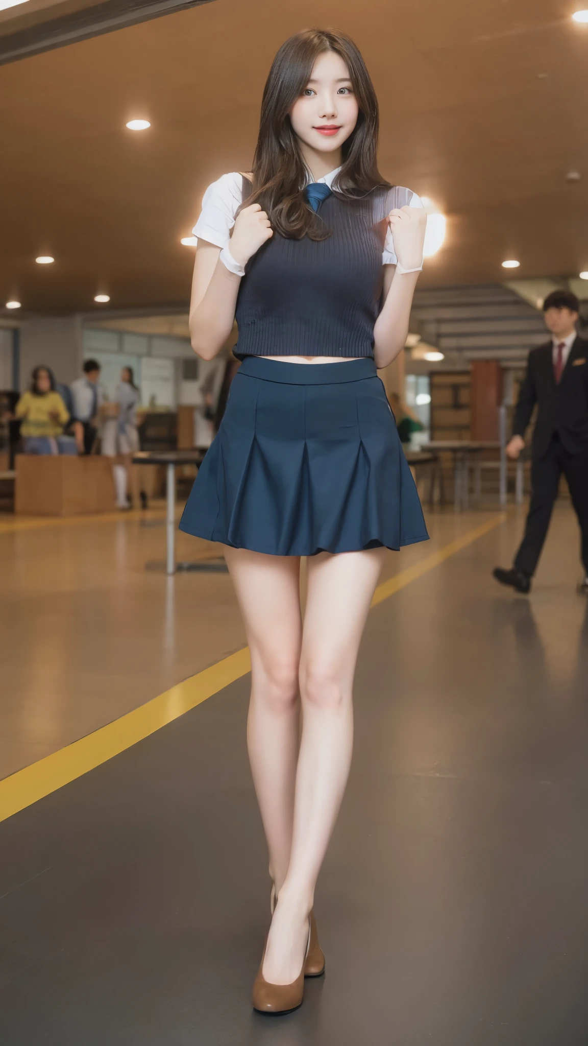 Girl Standing In School Classroom,Red Tie Uniform,Dark Blue Closed Blazer,Blue plaid super super super mini skirt,18-year-old,bangs,a little smile,thighs,knees,from below,random pose,pretty girl,slender girl,Side waves with a short cut,