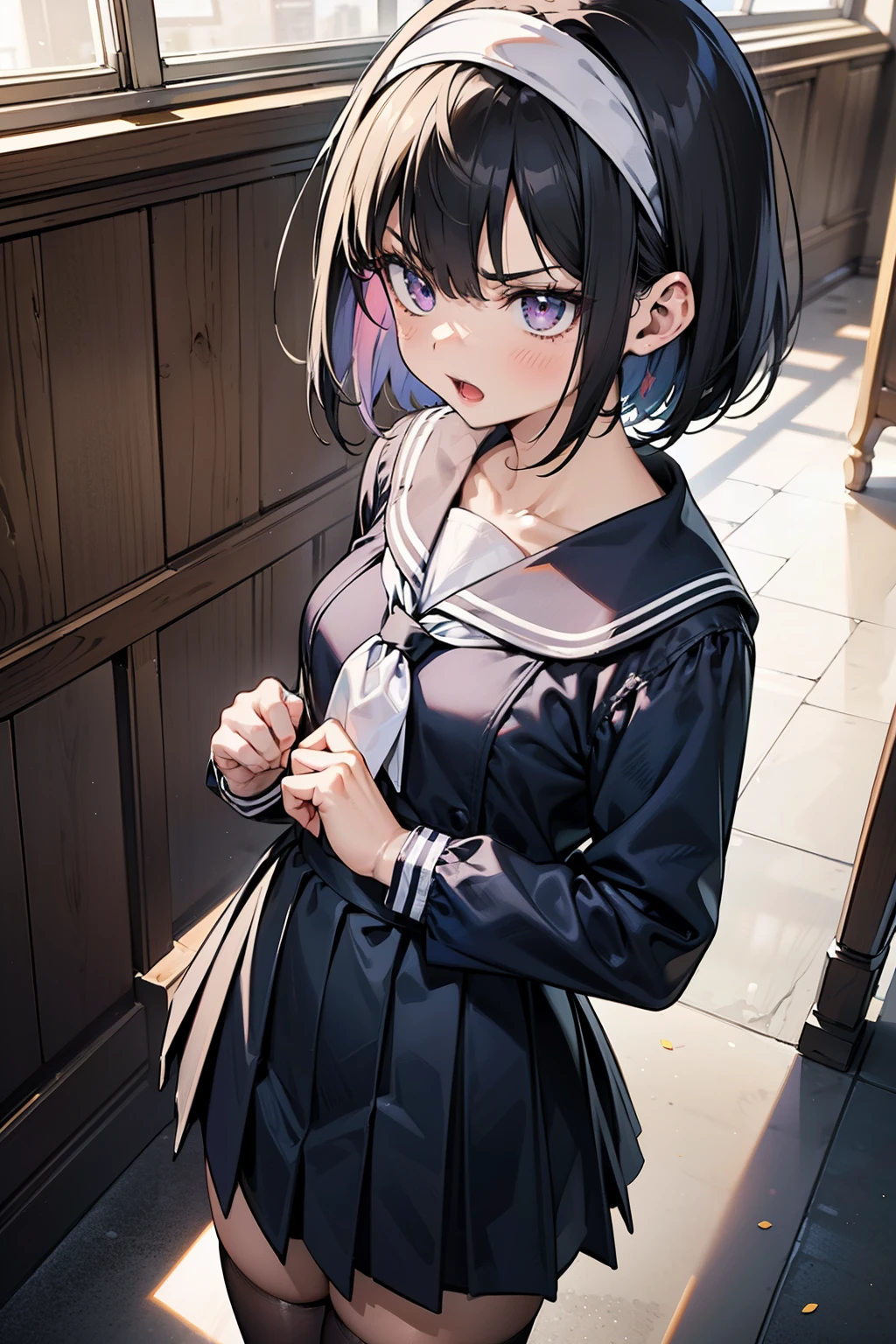 body 8 times longer than head, (Highly detailed CG unity 8k), (highest quality)，(very detailed)，(ultra high resolution), black hair, High school girl wearing a navy sailor suit, Anime 2D rendering, realistic young anime high school girl, ((White headband)), purple eyes, small breasts, tall, slanted eyes, (school scenery), black stockings, open your mouth a little, Dark blue skirt, bob cut, position looking down from above, angry face, clenched fist, Knock on the camera with both hands, 