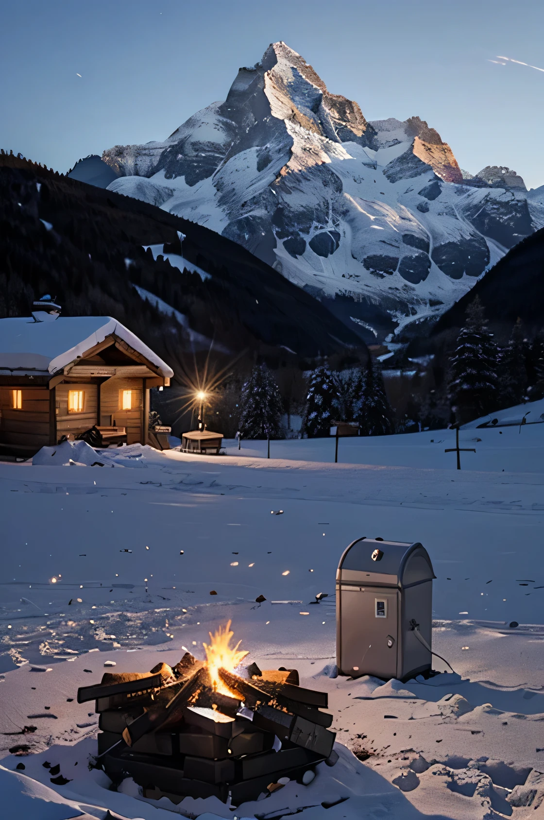 nowy landscape with a mailbox  and mountains in the background, , in the swiss alps,  and ice small campfire with few men standing nearby