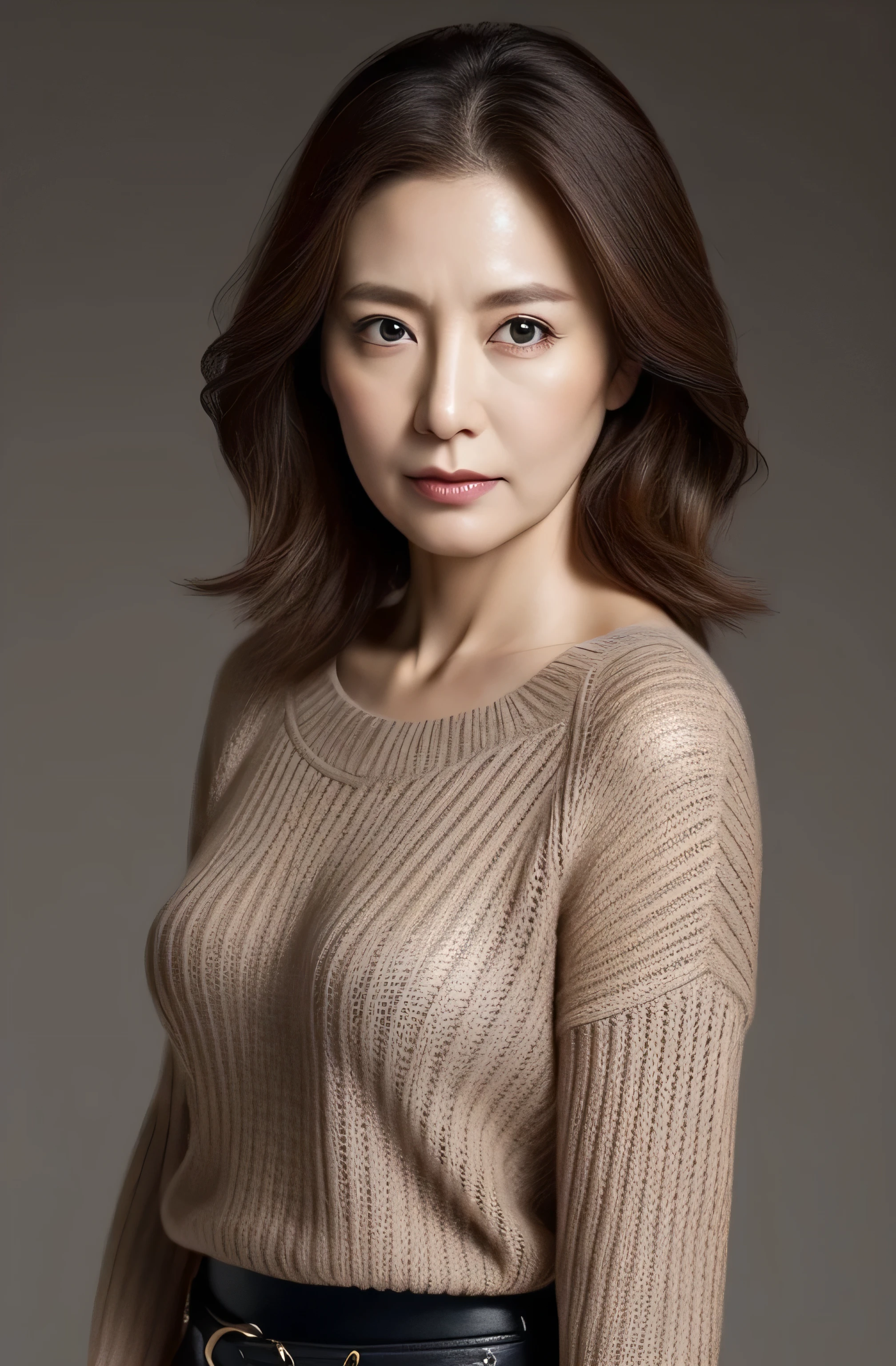 High resolution, High level image quality, high detail, masterpiece, rough skin, anatomically correct, sharp, gray background((japanese mature, 55 years old)), alone, ((facial wrinkles)), good shape big breasts, Straight light brown hair that reaches to the shoulders, Chubby body type (((stand upright, facing the center of the screen.))), Close your mouth and look straight ahead with a serious face, sweater, skirt, ((cowboy shot)),