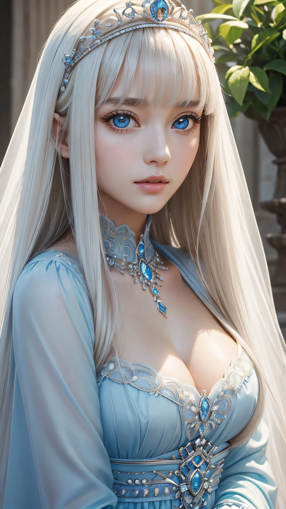 (Close-up:1.4)、(RAW shooting:1.2)、(photorealistic:1.4)、(masterpiece:1.3)、(highest quality:1.4)、bright look、exquisitely beautiful girl、extraordinary beautiful girl、Detailed cute and beautiful face、beautiful bangs、glowing white shiny skin、facial hair、Bangs that extend to the face、bangs between the eyes、super long hair、Attractive light and dark platinum blonde super long straight silky hair、thin hair、Charming shining beautiful bright clear light blue big eyes、luxurious dress、tiara、double eyelids、rich bust、Upper body、ancient city