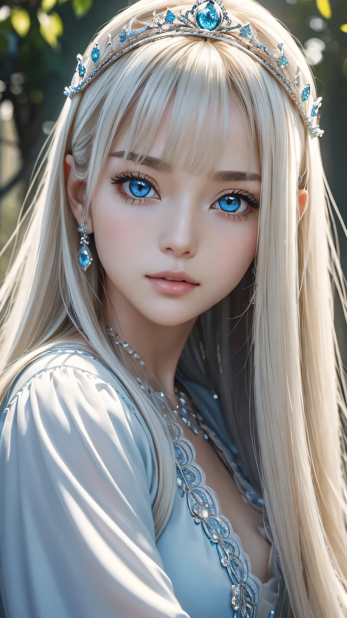 (Close-up:1.4)、(RAW shooting:1.2)、(photorealistic:1.4)、(masterpiece:1.3)、(highest quality:1.4)、bright look、exquisitely beautiful girl、extraordinary beautiful girl、Detailed cute and beautiful face、beautiful bangs、glowing white shiny skin、facial hair、Bangs that extend to the face、bangs between the eyes、super long hair、Attractive light and dark platinum blonde super long straight silky hair、thin hair、Charming shining beautiful bright clear light blue big eyes、luxurious dress、tiara、double eyelids、rich bust、Upper body、ancient city