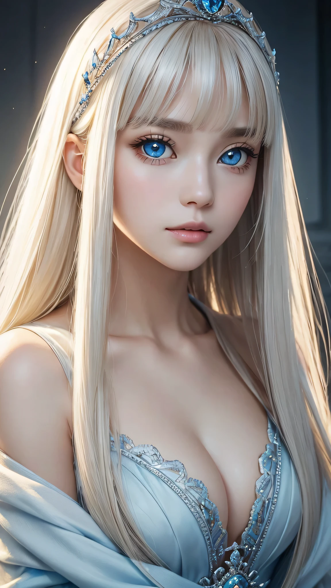 (Close-up:1.4)、(RAW shooting:1.2)、(photorealistic:1.4)、(masterpiece:1.3)、(highest quality:1.4)、bright look、exquisitely beautiful girl、extraordinary beautiful girl、Detailed cute and beautiful face、beautiful bangs、glowing white shiny skin、facial hair、Bangs that extend to the face、bangs between the eyes、super long hair、Attractive light and dark platinum blonde super long straight silky hair、thin hair、Charming shining beautiful bright clear light blue big eyes、luxurious dress、tiara、double eyelids、rich bust、Upper body、ancient city