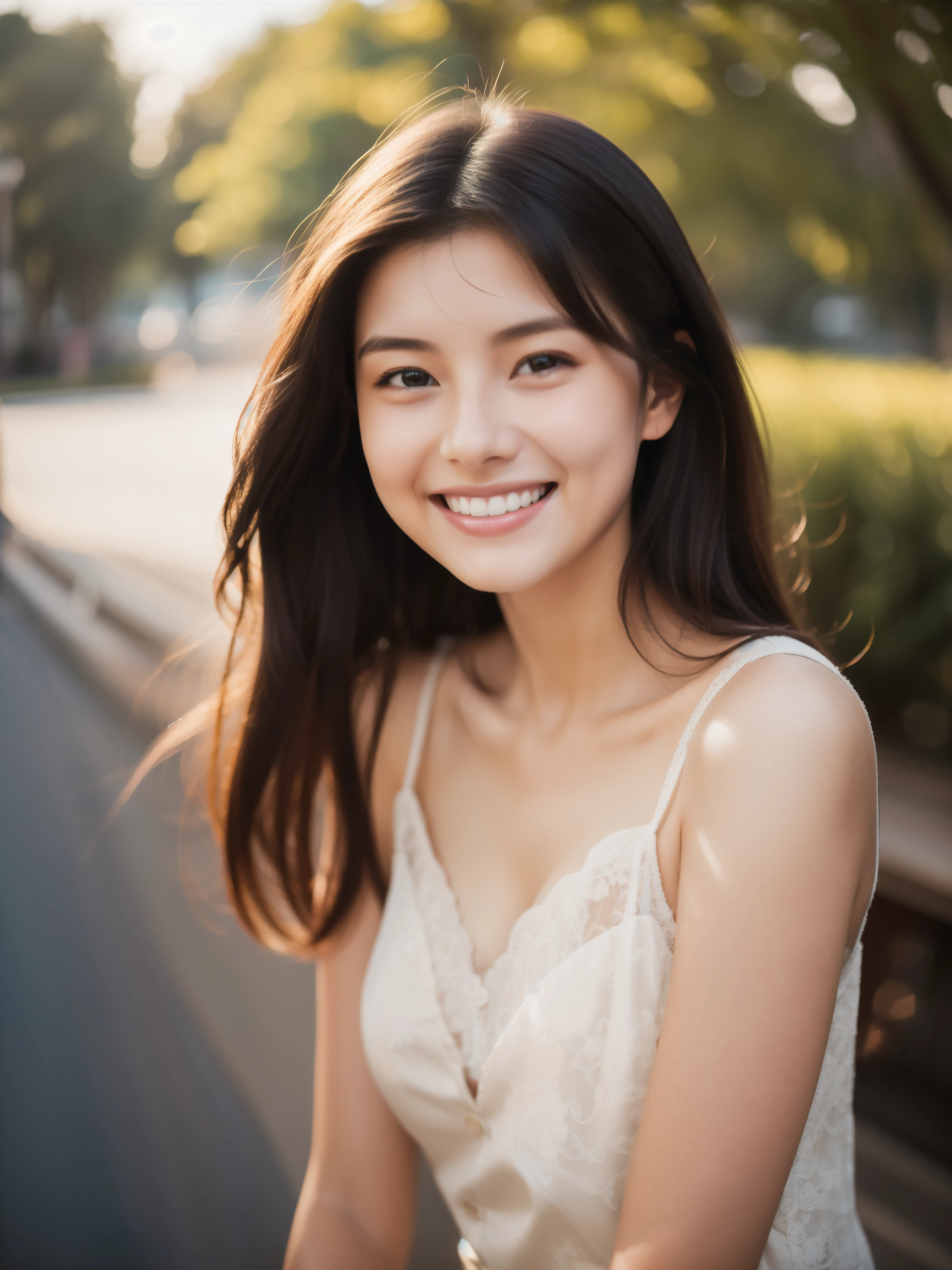 Beautiful 20 year old woman。she is wearing a satin camisole。Lace on the chest and hem.。she looks ecstatic 。she is smiling and winking. her dark brown hair、High resolution、masterpiece、highest quality、Head w:1.0、((Hasselblad Photos))、fine skin、fine knit、(movie lighting)、clavicle .