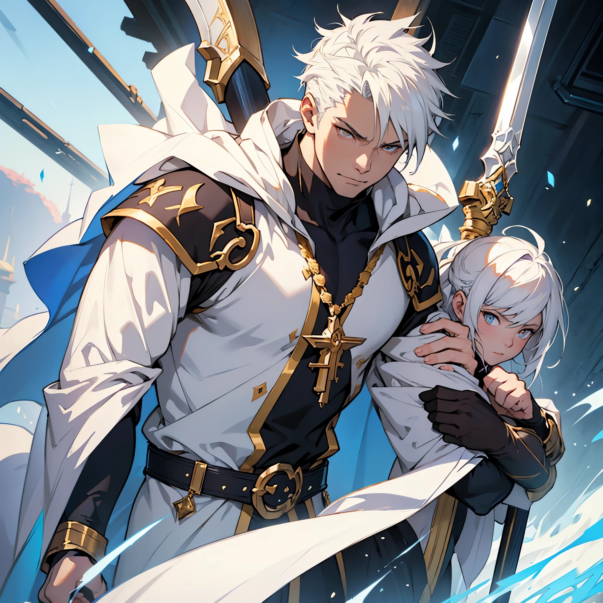 anime - style image of a man in a white cape full white and gold figure of Trusted hold holy axe, white hair, eyes blue saint, son of light, cushart krenz key art ,trust, trending on artstation pixiv, artgerm and atey ghailan, cushart krenz, cushart kenz, badass anime 8 k, official art, fate grand order, axe hold